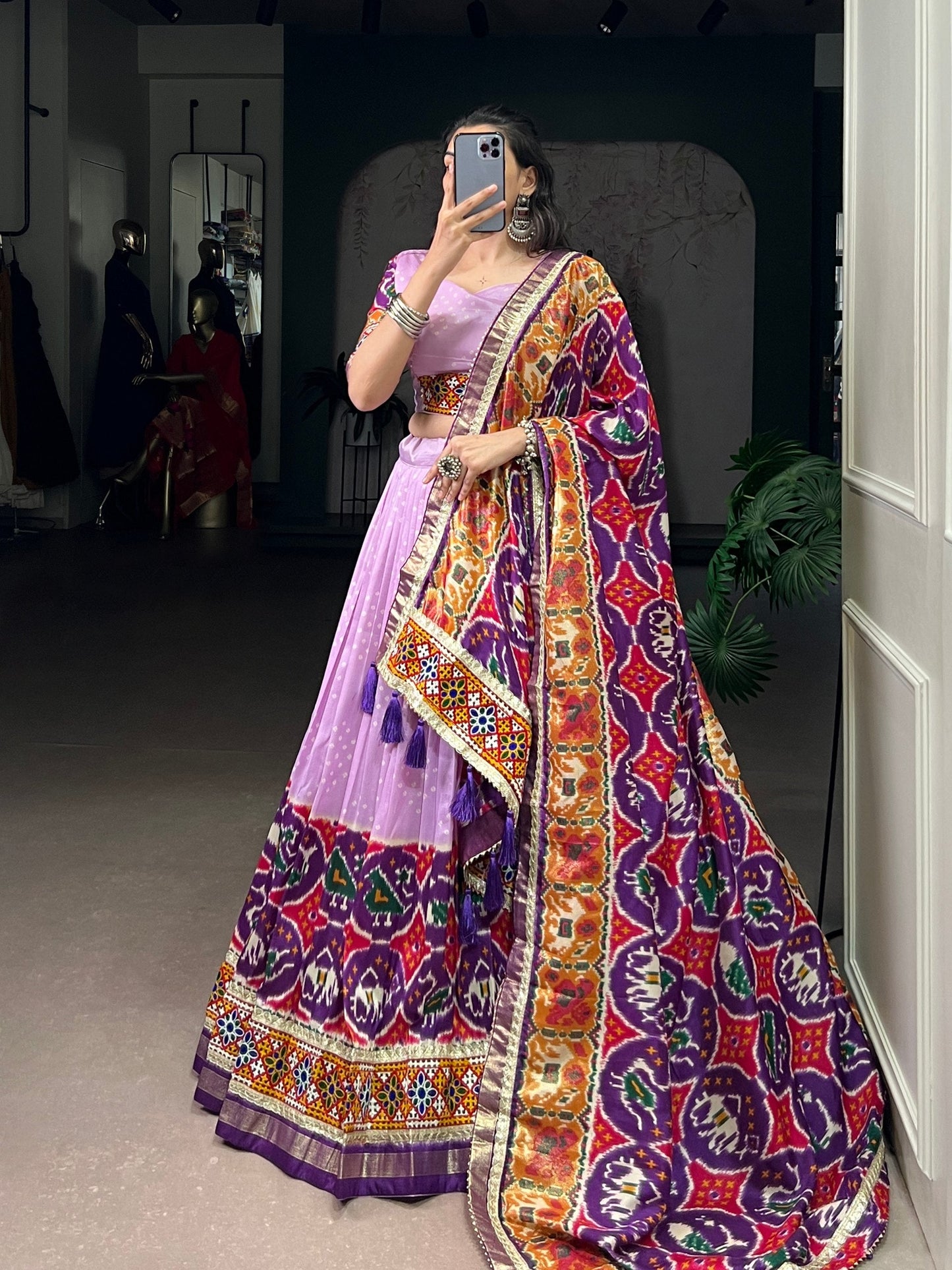 Lorenvalley Fashion Lavender Tasar Silk Print with Foil Work and Real Mirror Gamthi Work with Lace Touch Up Lehenga Choli with Dupatta | Swadesiicart