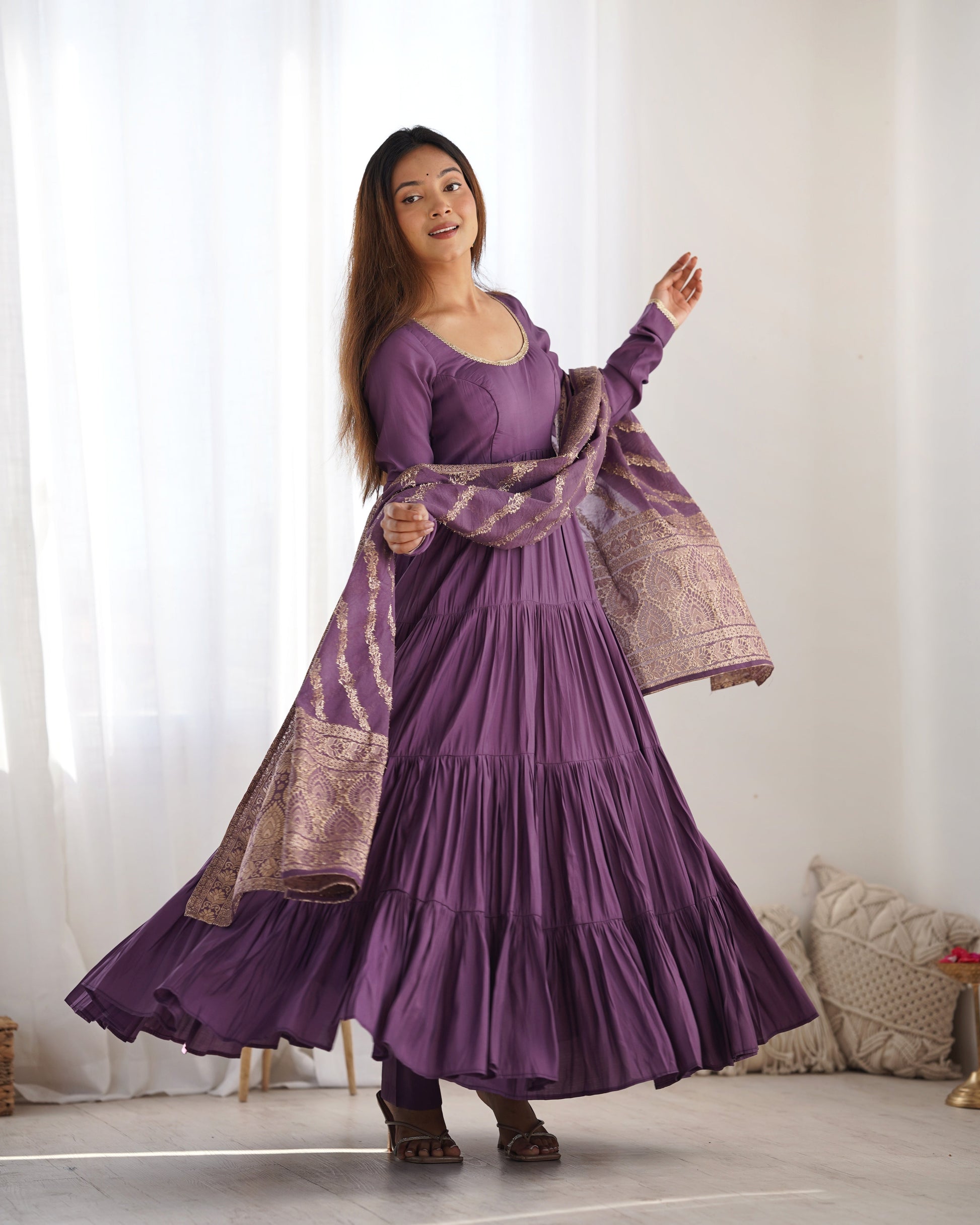 Lorenvalley Women Pure Roman silk Chanderi Fabric Layer Gathering Anarkali Kurta Pant With Dupatta Set - Lavender | Swadesiicart