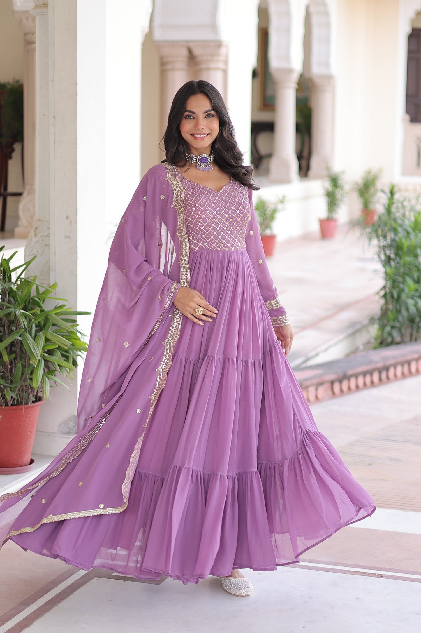 Lorenvalley Fashion Lavender Faux Georgette with Zari & Sequins Embroidered Work Anarkali Gown with Dupatta - Swadesiicart