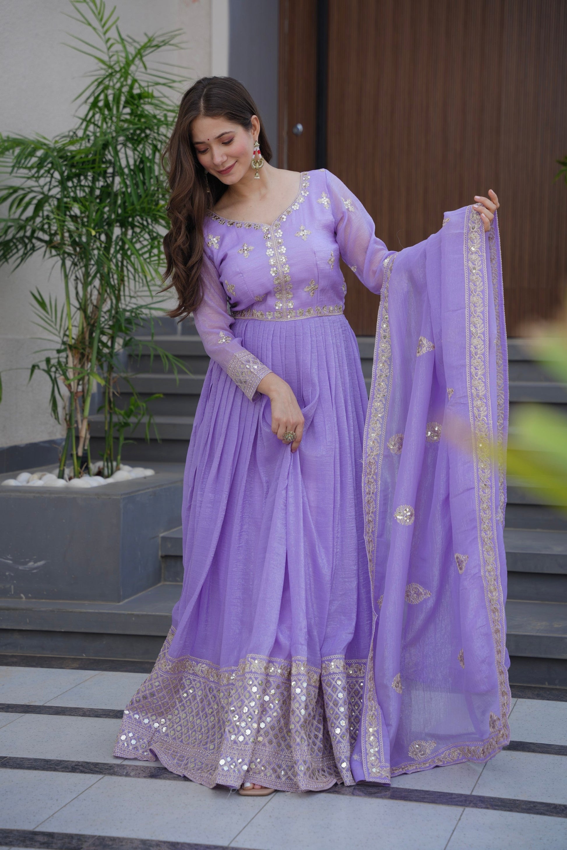 Lorenvalley Fashion Lavender Crunchy Silk with Embroidery Codding & Sequins Work Anarkali Gown with Dupatta | Swadesiicart