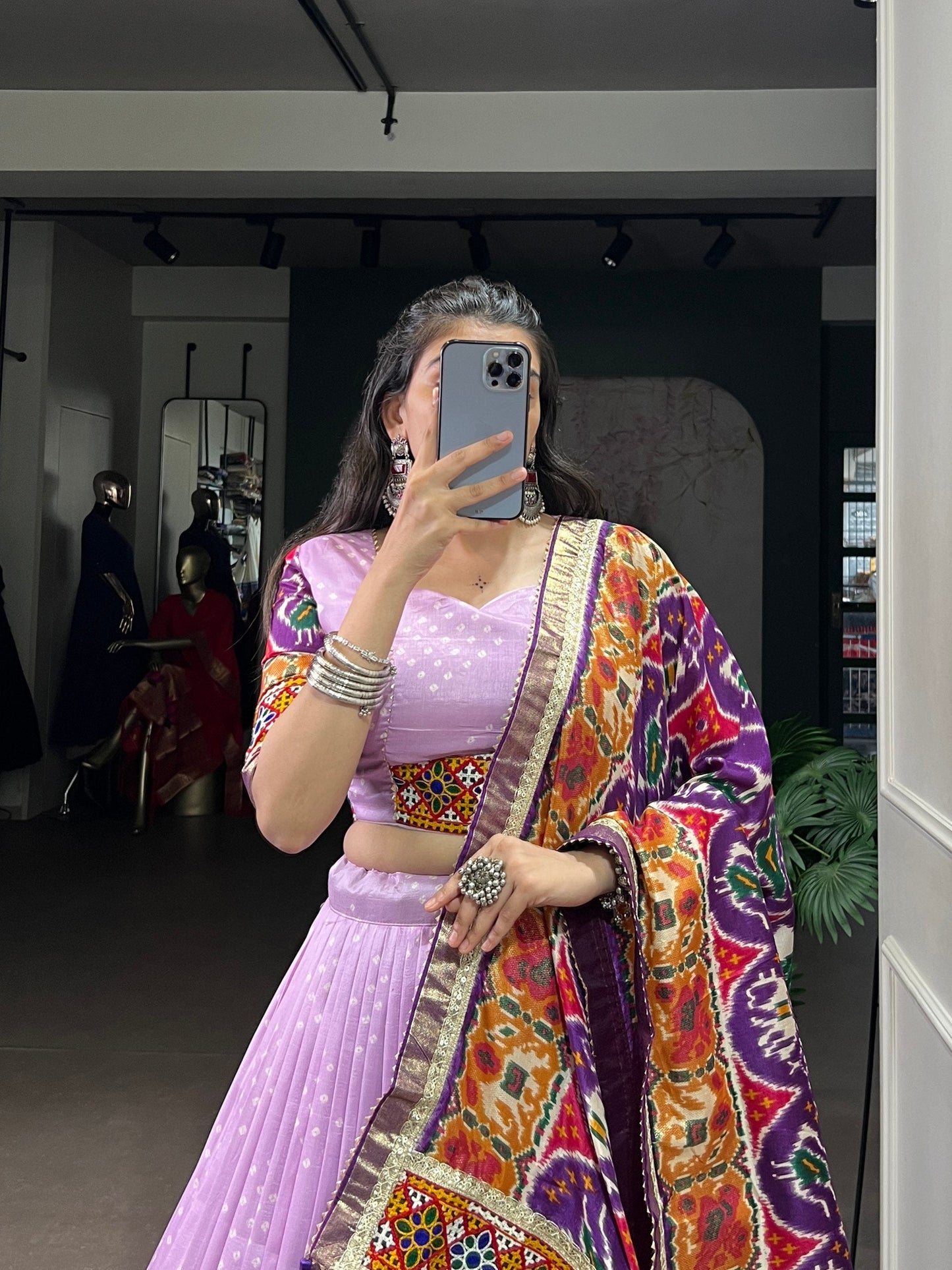 Lorenvalley Fashion Lavender Tasar Silk Print with Foil Work and Real Mirror Gamthi Work with Lace Touch Up Lehenga Choli with Dupatta | Swadesiicart