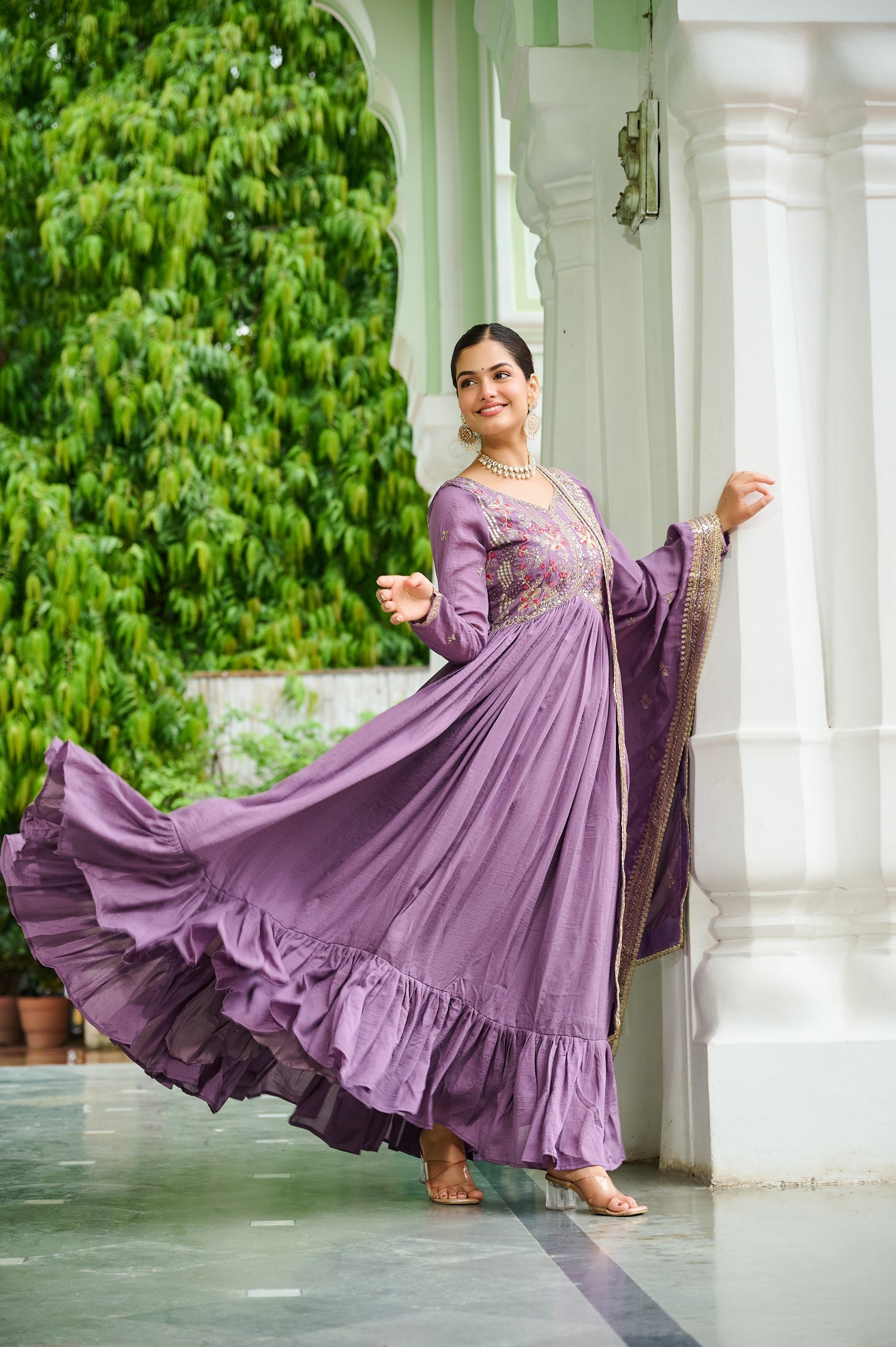 Lorenvalley Fashion Lavender Vichitra Silk with Embroidered Zari & Thread work Anarkali Gown with Dupatta - Swadesiicart