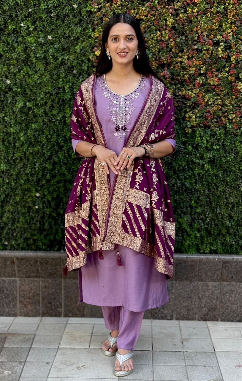 Lorenvalley Fashion Lavender Roman Silk Hand Work Kurta Pant with Dupatta - Swadesiicart