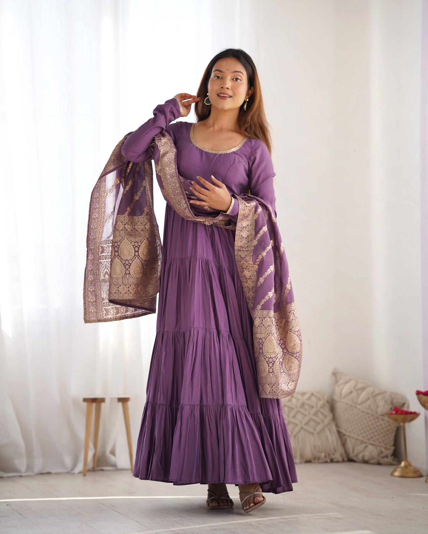 Lorenvalley Women Pure Roman silk Chanderi Fabric Layer Gathering Anarkali Kurta Pant With Dupatta Set - Lavender | Swadesiicart