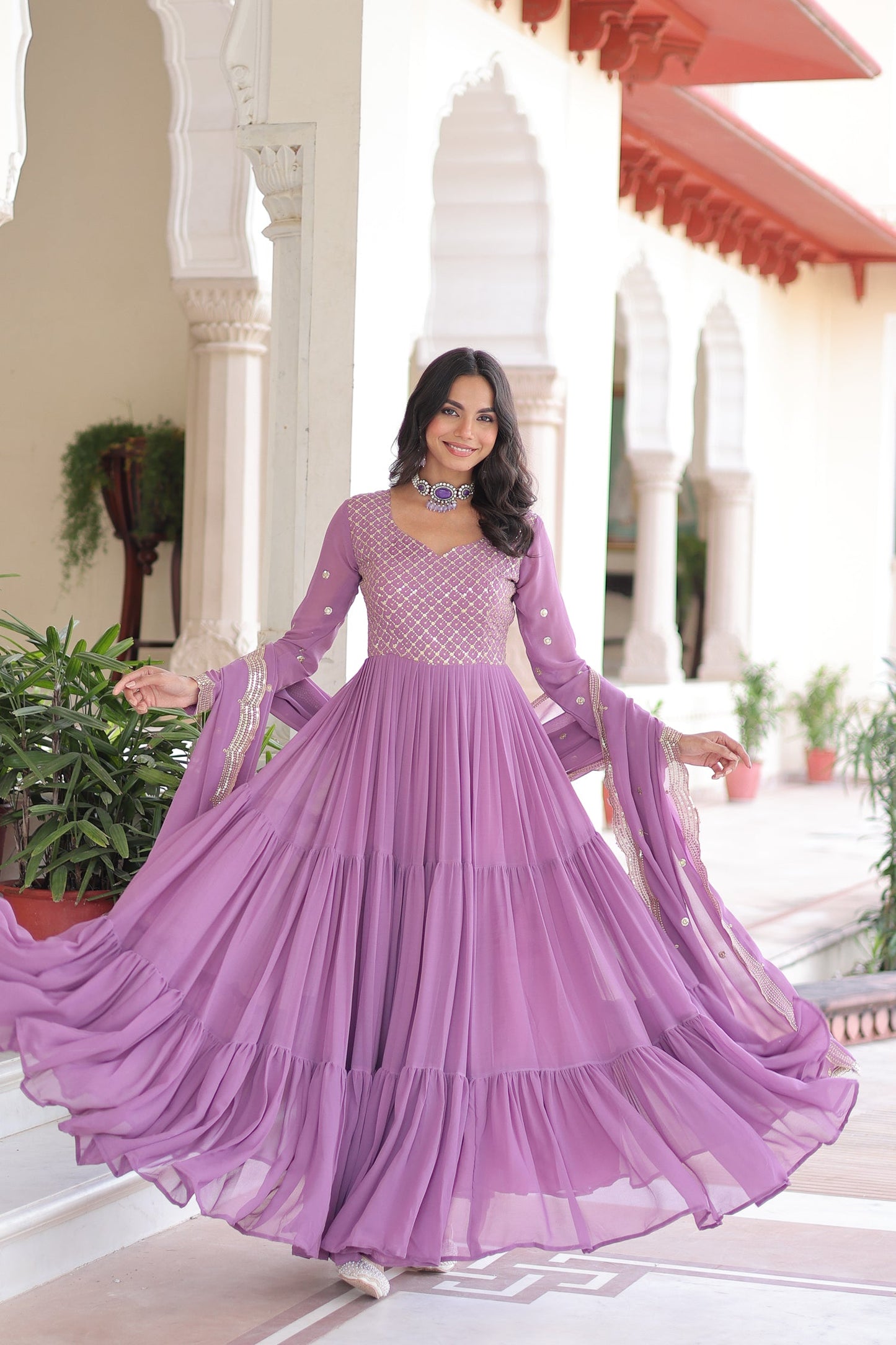 Lorenvalley Fashion Lavender Faux Georgette with Zari & Sequins Embroidered Work Anarkali Gown with Dupatta - Swadesiicart