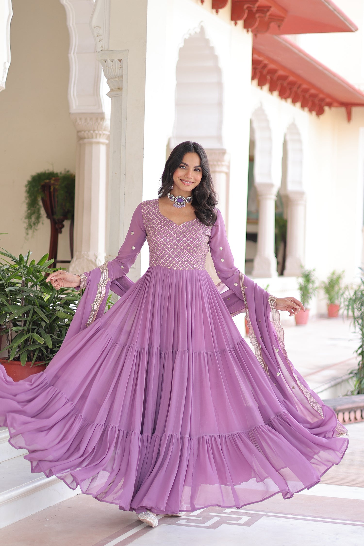 Lorenvalley Fashion Lavender Faux Georgette with Zari & Sequins Embroidered Work Anarkali Gown with Dupatta - Swadesiicart