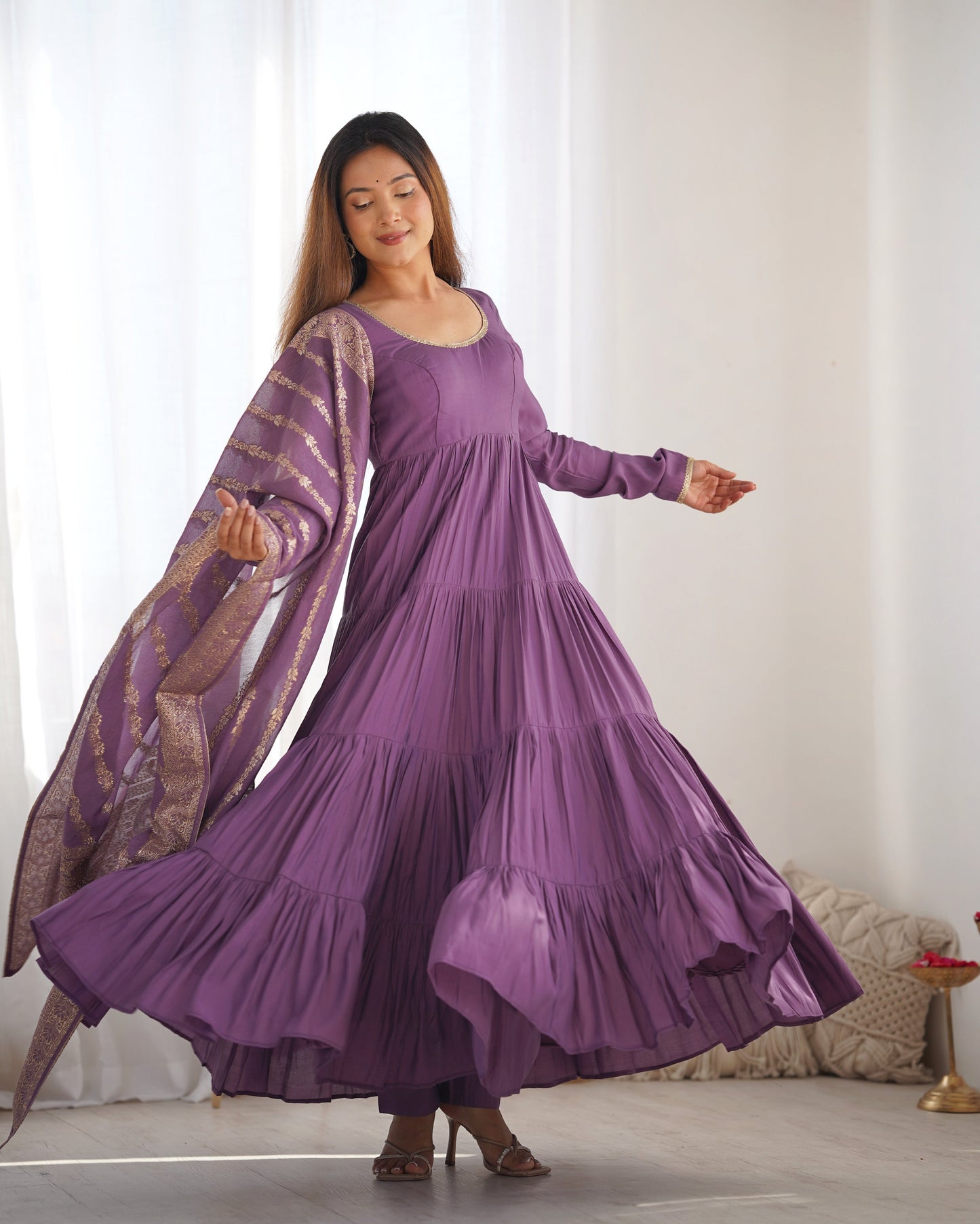 Lorenvalley Women Pure Roman silk Chanderi Fabric Layer Gathering Anarkali Kurta Pant With Dupatta Set - Lavender | Swadesiicart