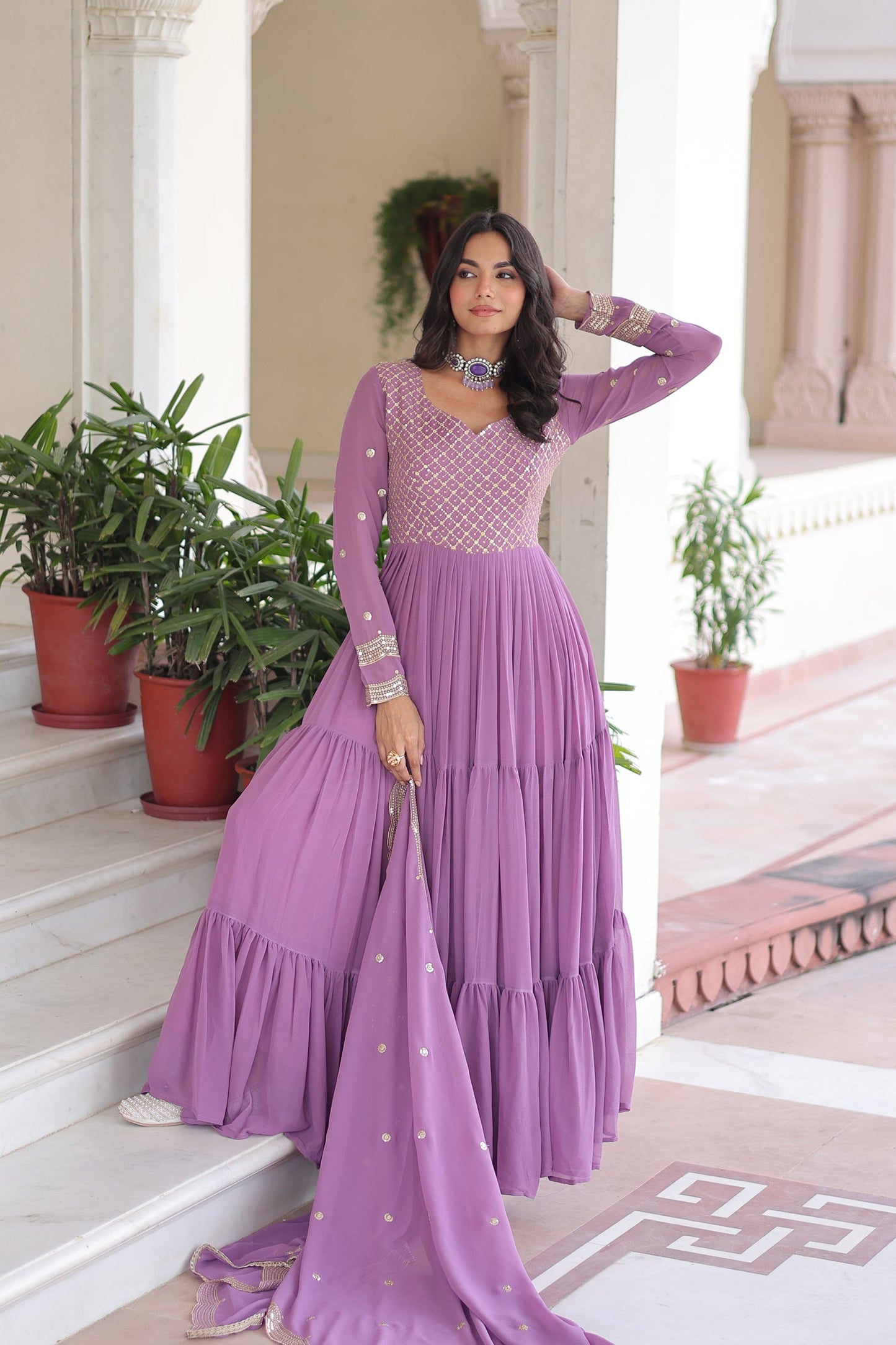 Lorenvalley Fashion Lavender Faux Georgette with Zari & Sequins Embroidered Work Anarkali Gown with Dupatta - Swadesiicart