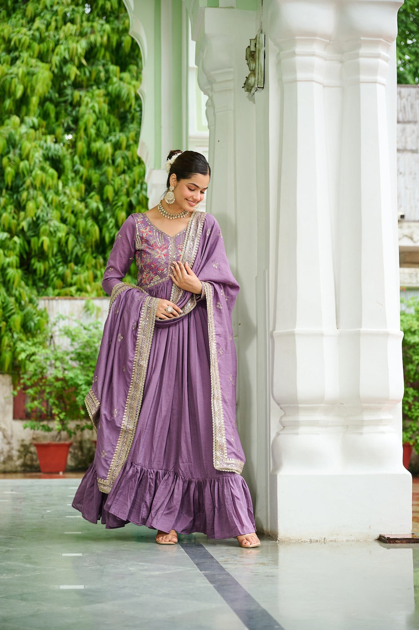 Lorenvalley Fashion Lavender Vichitra Silk with Embroidered Zari & Thread work Anarkali Gown with Dupatta - Swadesiicart
