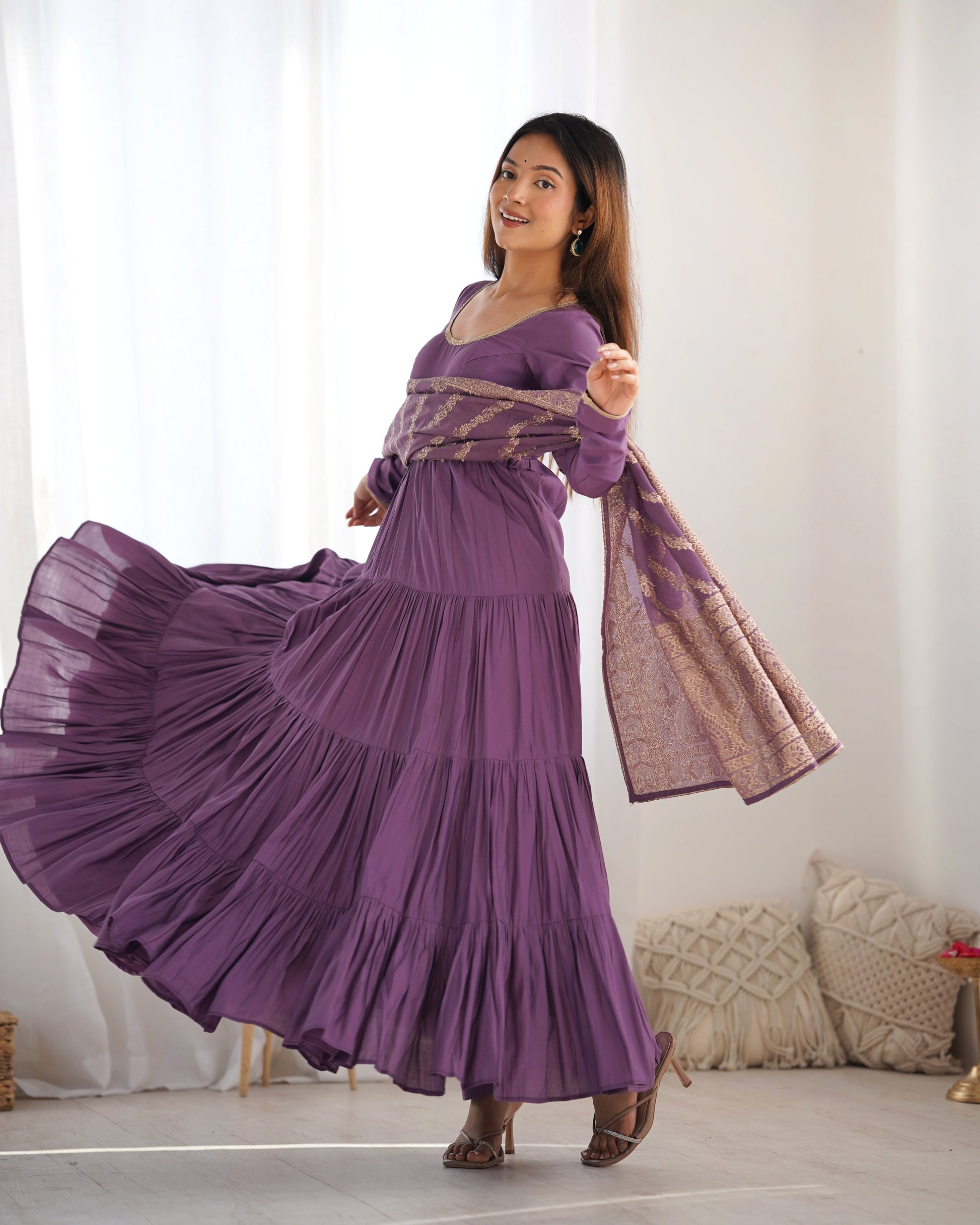 Lorenvalley Women Pure Roman silk Chanderi Fabric Layer Gathering Anarkali Kurta Pant With Dupatta Set - Lavender | Swadesiicart