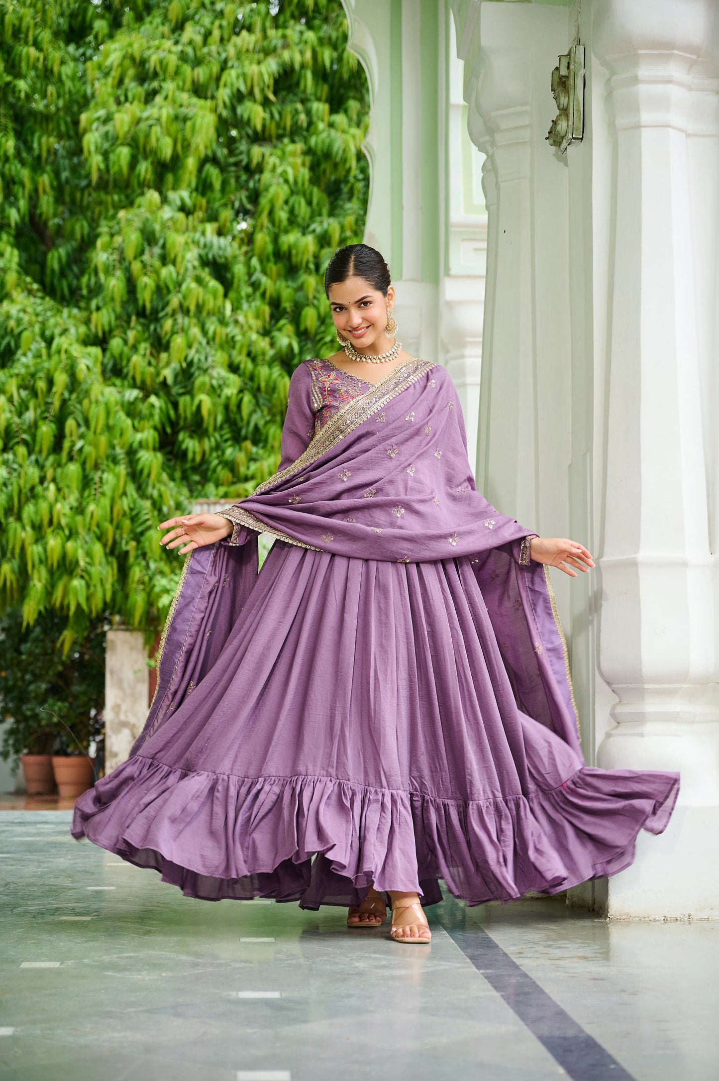 Lorenvalley Fashion Lavender Vichitra Silk with Embroidered Zari & Thread work Anarkali Gown with Dupatta - Swadesiicart