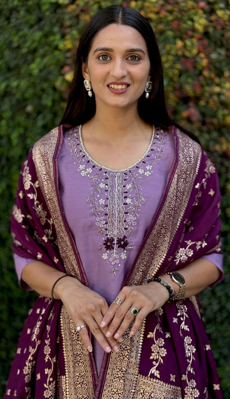 Lorenvalley Fashion Lavender Roman Silk Hand Work Kurta Pant with Dupatta - Swadesiicart