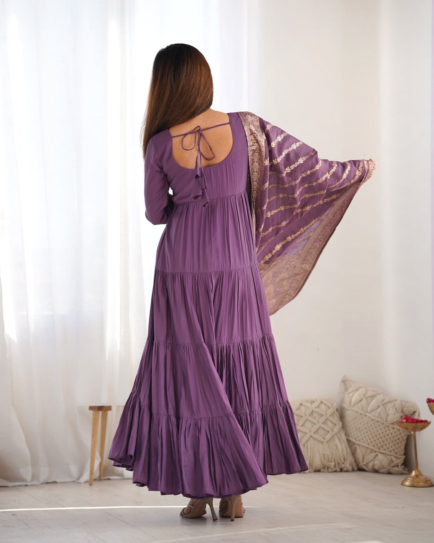 Lorenvalley Women Pure Roman silk Chanderi Fabric Layer Gathering Anarkali Kurta Pant With Dupatta Set - Lavender | Swadesiicart