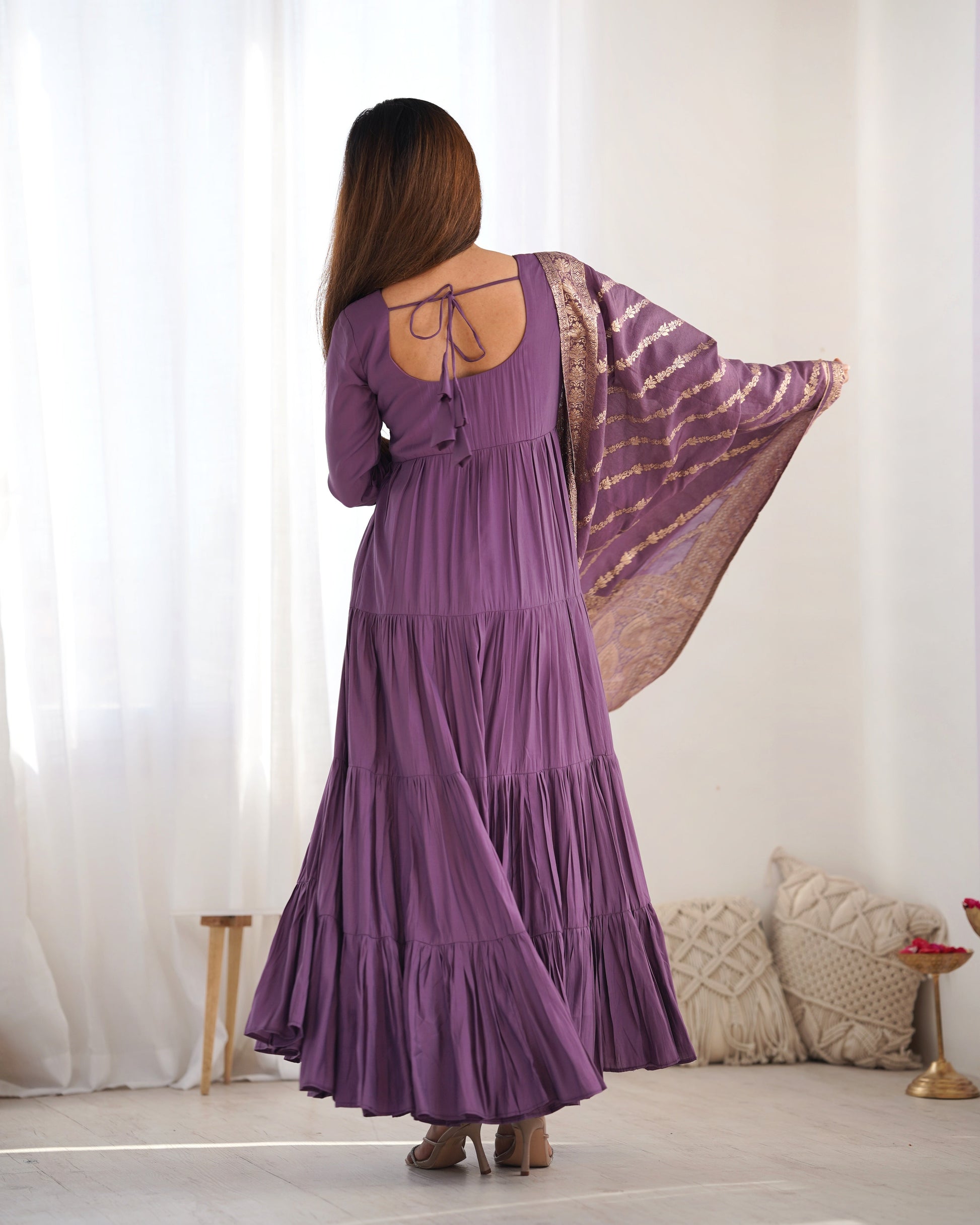 Lorenvalley Women Pure Roman silk Chanderi Fabric Layer Gathering Anarkali Kurta Pant With Dupatta Set - Lavender | Swadesiicart