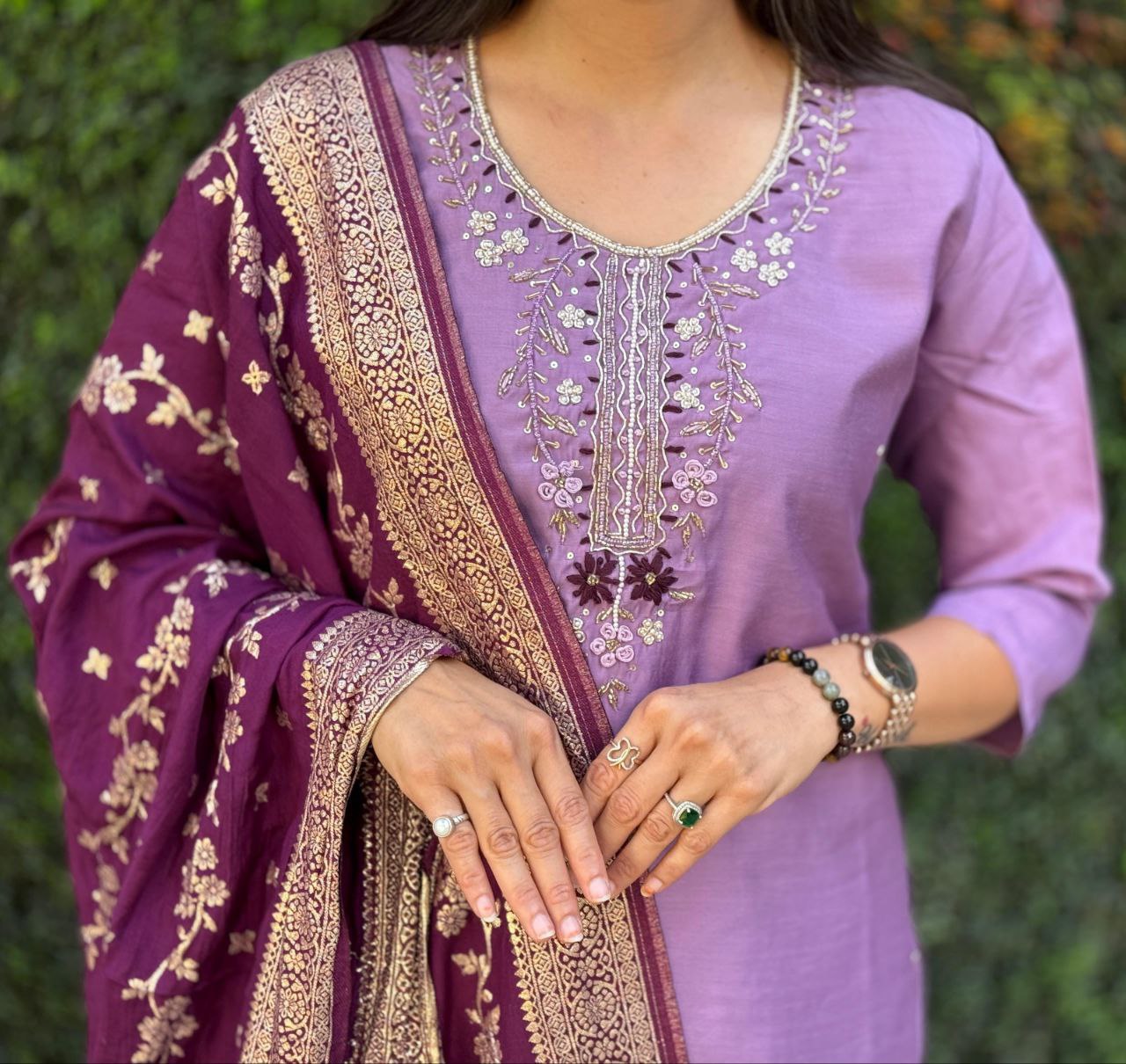 Lorenvalley Fashion Lavender Roman Silk Hand Work Kurta Pant with Dupatta - Swadesiicart