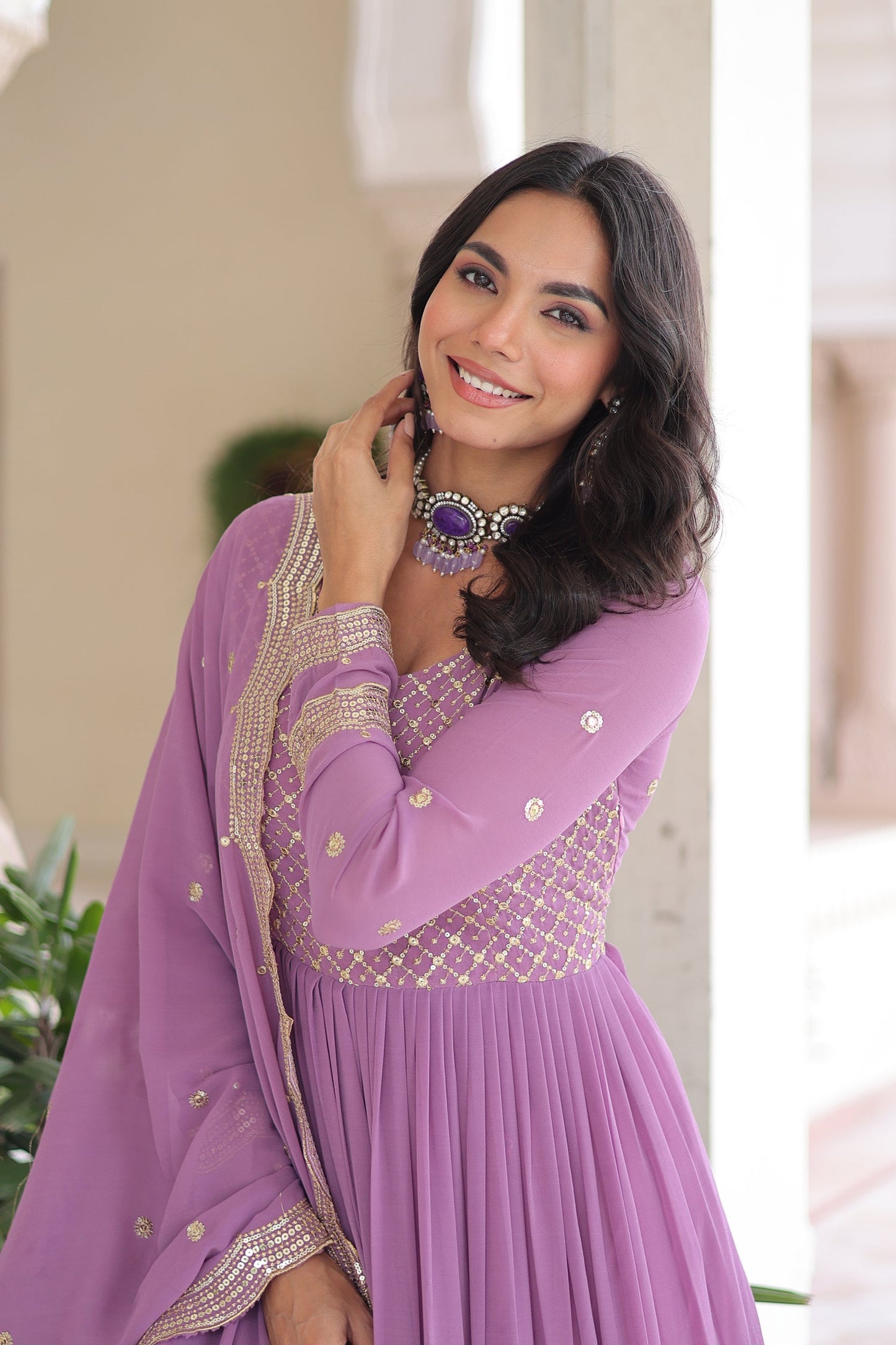 Lorenvalley Fashion Lavender Faux Georgette with Zari & Sequins Embroidered Work Anarkali Gown with Dupatta - Swadesiicart