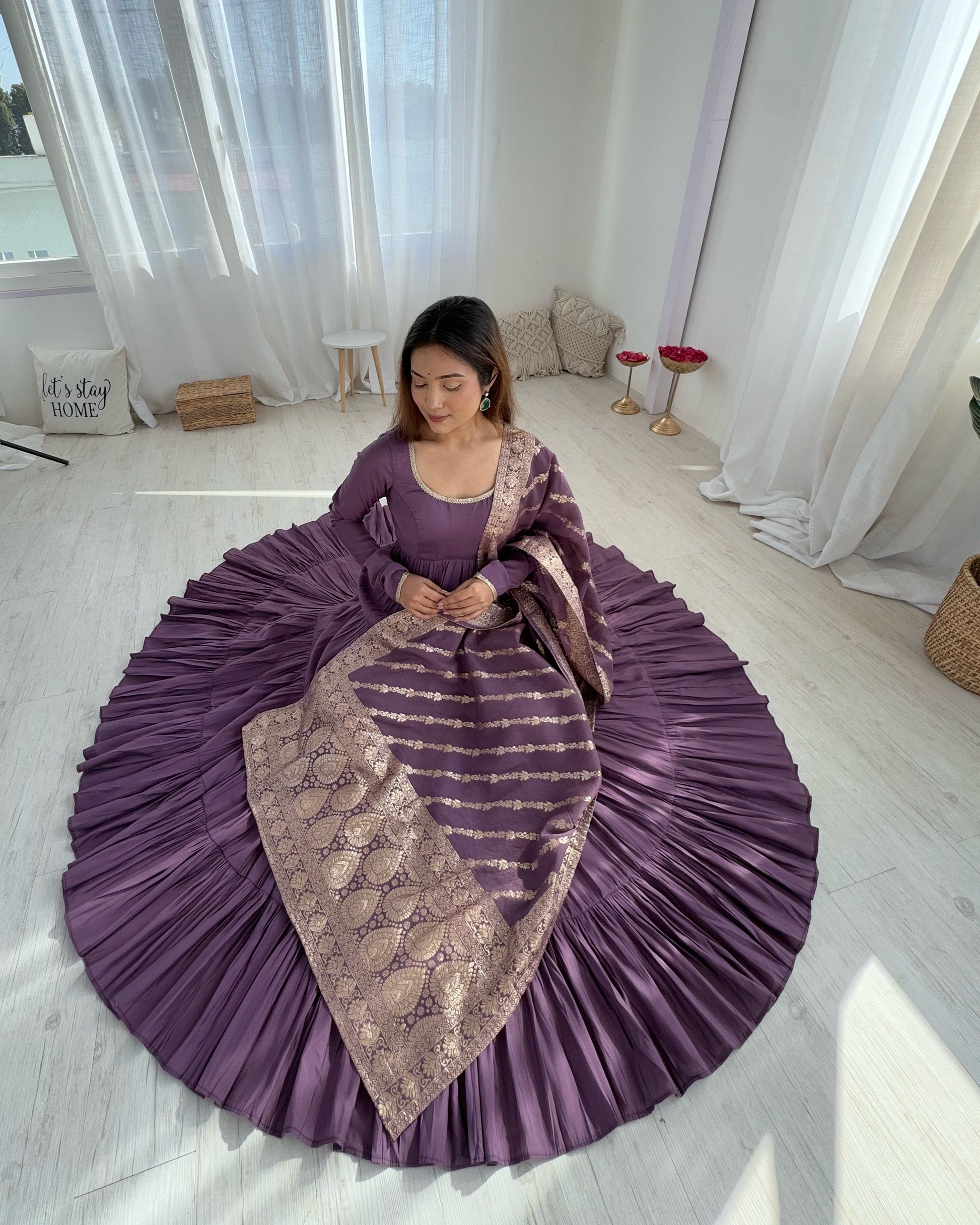 Lorenvalley Women Pure Roman silk Chanderi Fabric Layer Gathering Anarkali Kurta Pant With Dupatta Set - Lavender | Swadesiicart