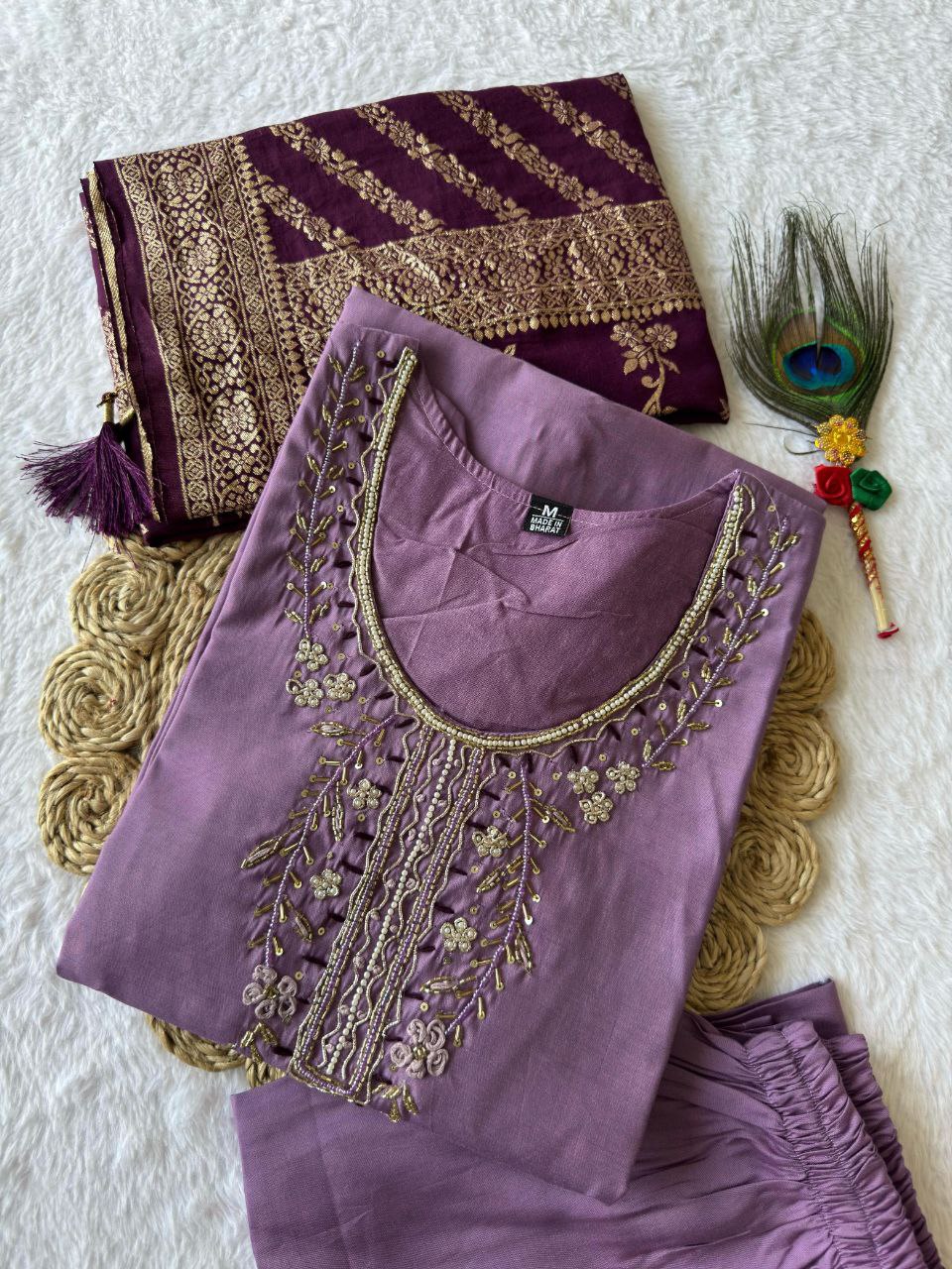 Lorenvalley Fashion Lavender Roman Silk Hand Work Kurta Pant with Dupatta - Swadesiicart