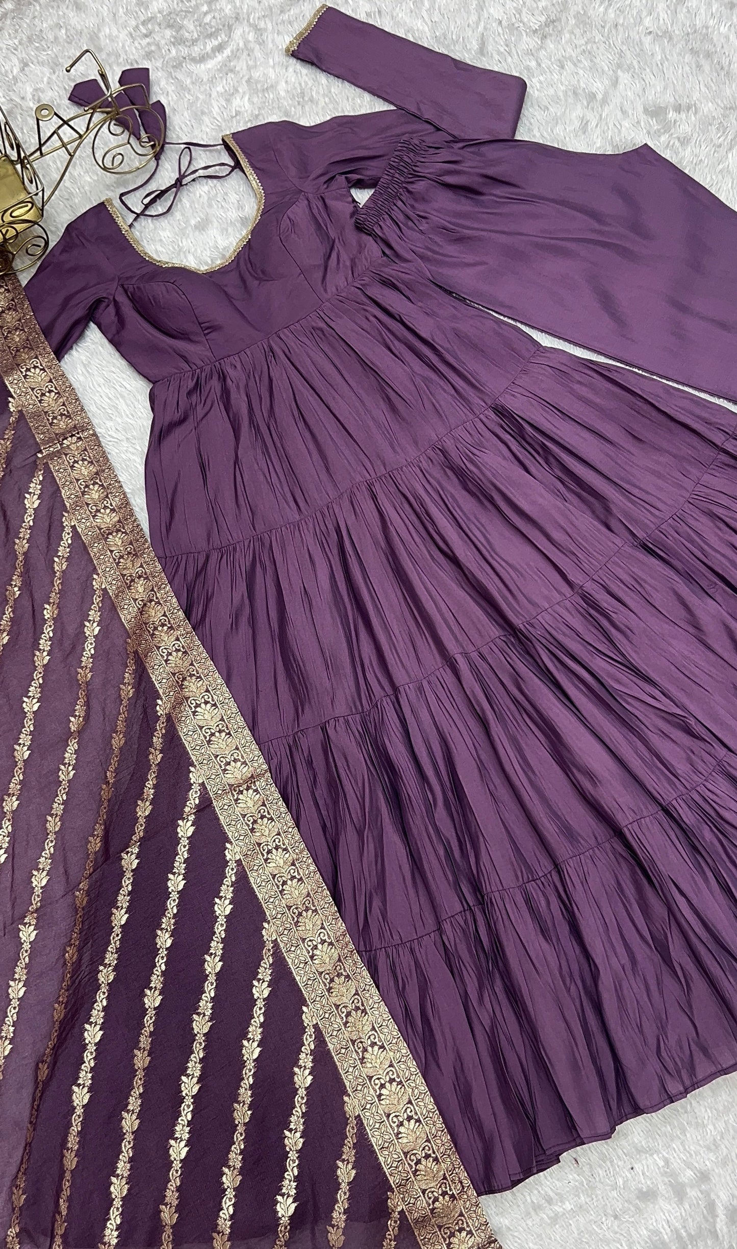 Lorenvalley Women Pure Roman silk Chanderi Fabric Layer Gathering Anarkali Kurta Pant With Dupatta Set - Lavender | Swadesiicart