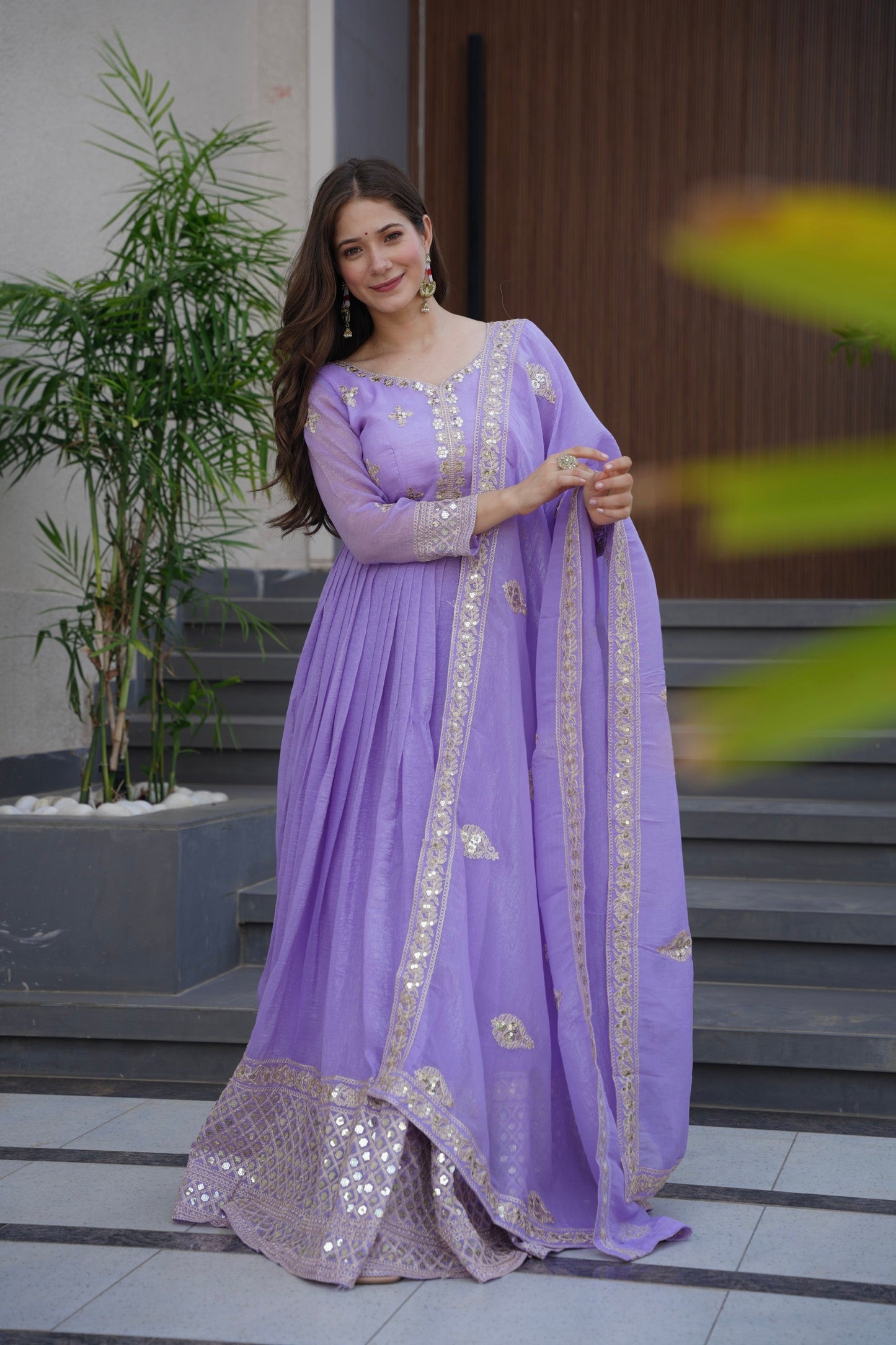 Lorenvalley Fashion Lavender Crunchy Silk with Embroidery Codding & Sequins Work Anarkali Gown with Dupatta | Swadesiicart