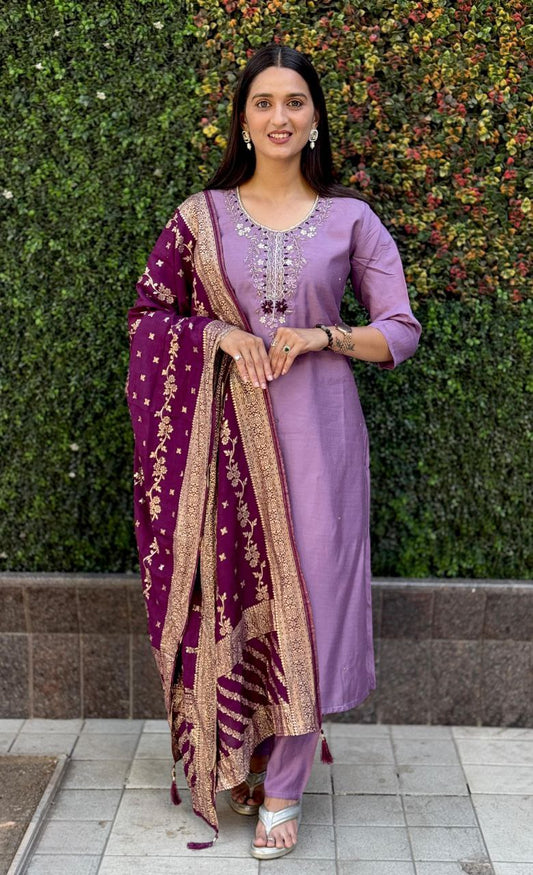 Lorenvalley Fashion Lavender Roman Silk Hand Work Kurta Pant with Dupatta - Swadesiicart