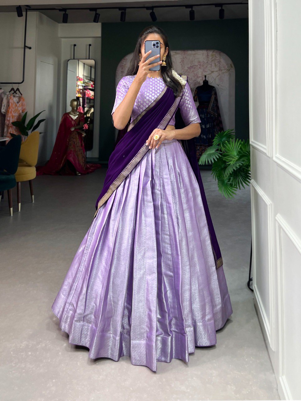 Lorenvalley Lavender Jacquard Silk Weaving Work Lehenga Choli with Dupatta | Swadesiicart
