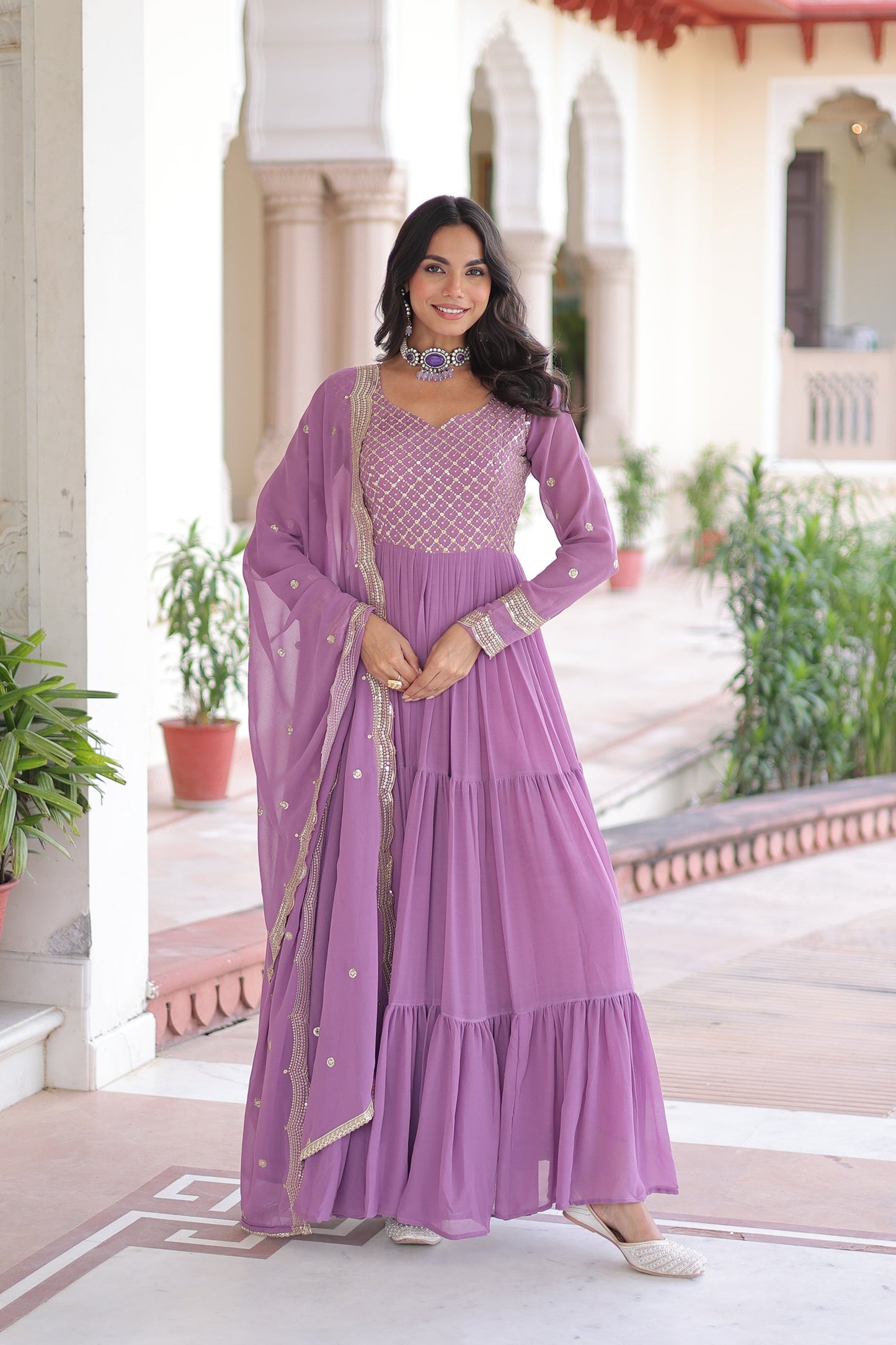 Lorenvalley Fashion Lavender Faux Georgette with Zari & Sequins Embroidered Work Anarkali Gown with Dupatta - Swadesiicart