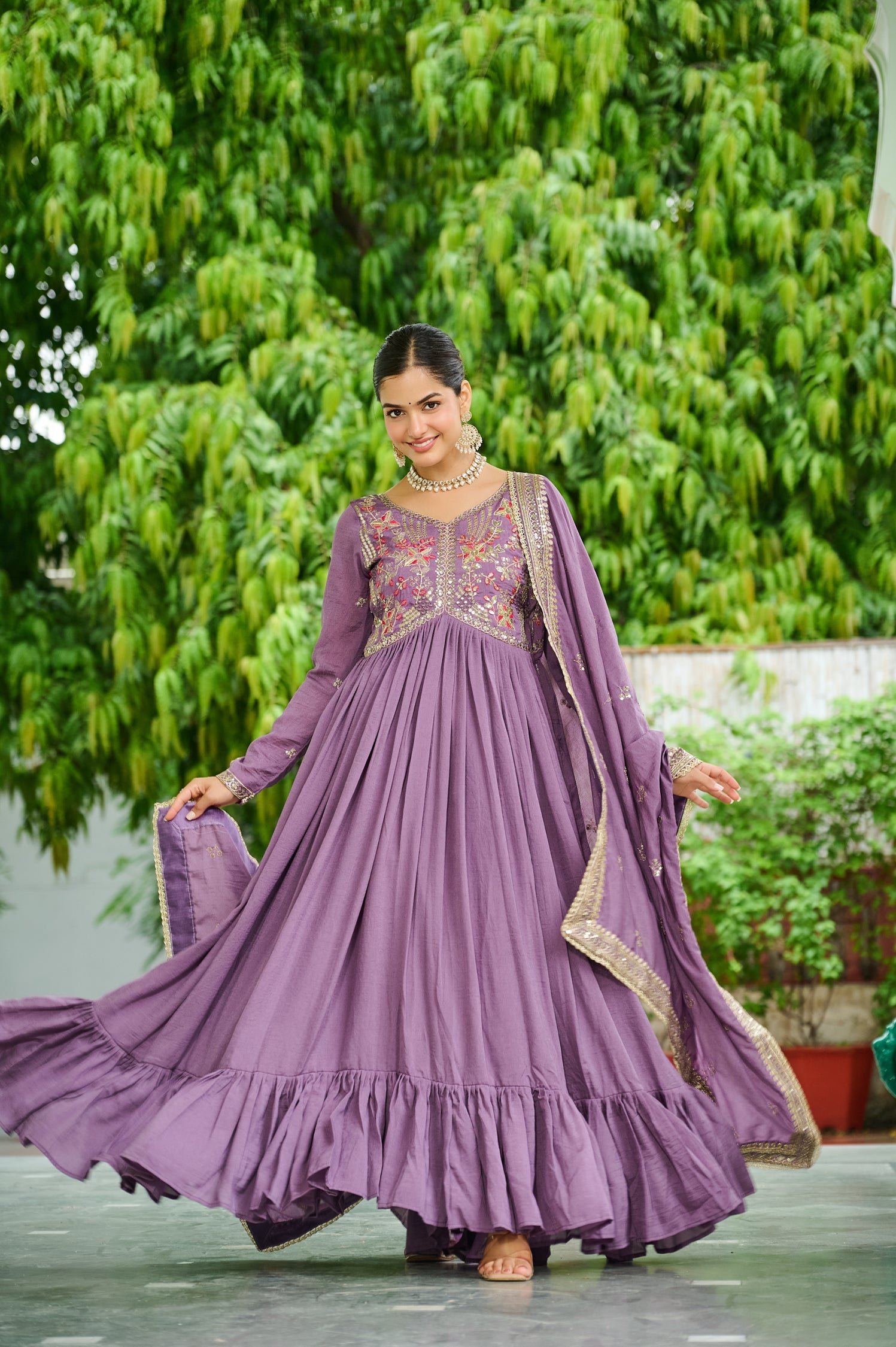 Lorenvalley Fashion Lavender Vichitra Silk with Embroidered Zari & Thread work Anarkali Gown with Dupatta - Swadesiicart
