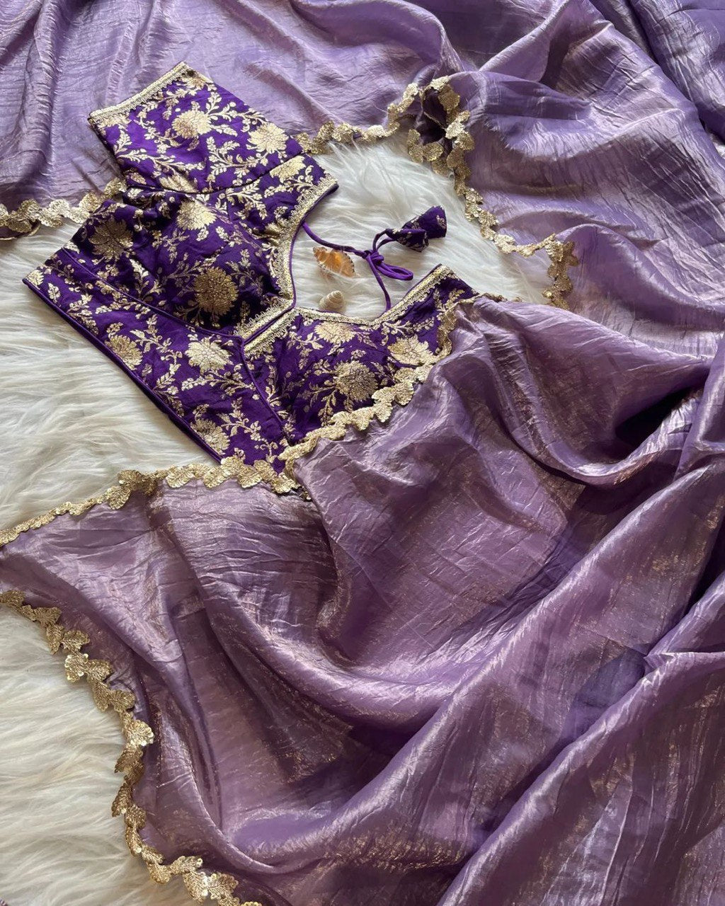 Lorenvalley Fashion Premium Lavender Tissue Crush Saree with Jacquard Weaving Stitched Blouse - Swadesiicart