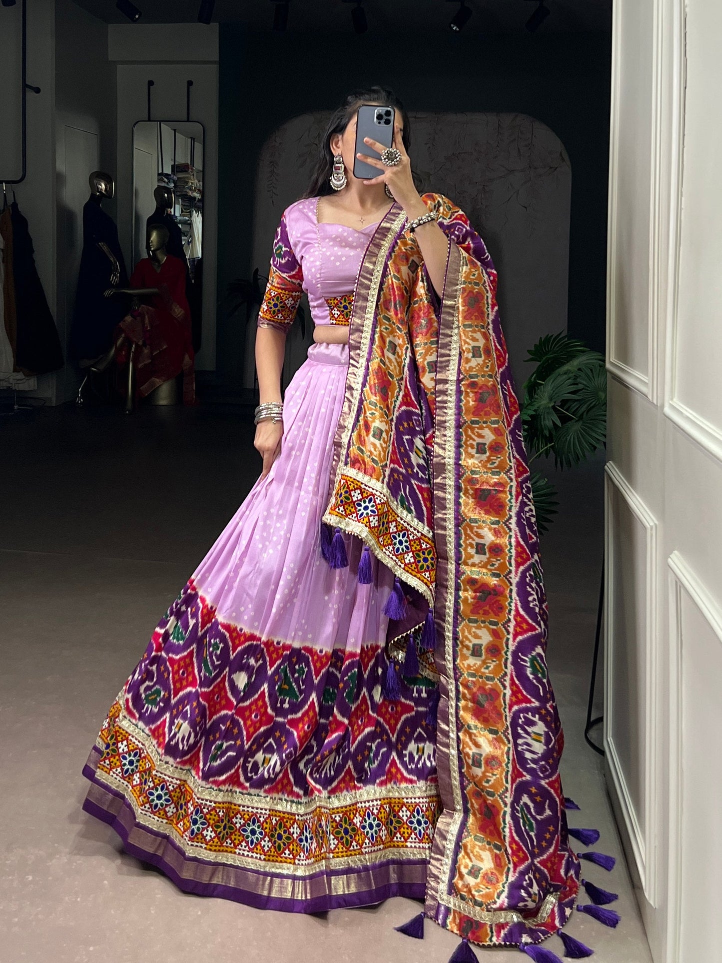 Lorenvalley Fashion Lavender Tasar Silk Print with Foil Work and Real Mirror Gamthi Work with Lace Touch Up Lehenga Choli with Dupatta | Swadesiicart