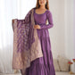 Lorenvalley Women Pure Roman silk Chanderi Fabric Layer Gathering Anarkali Kurta Pant With Dupatta Set - Lavender | Swadesiicart