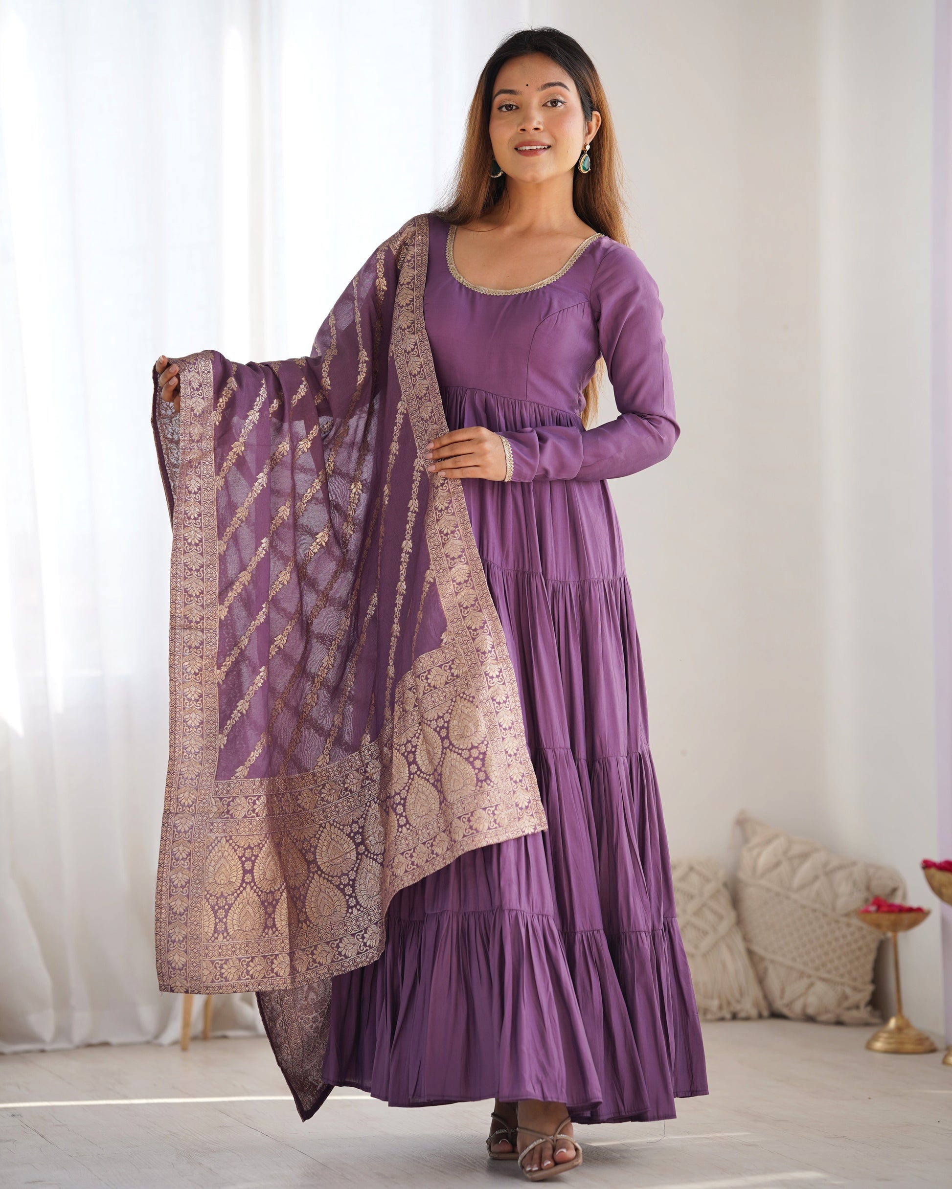 Lorenvalley Women Pure Roman silk Chanderi Fabric Layer Gathering Anarkali Kurta Pant With Dupatta Set - Lavender | Swadesiicart