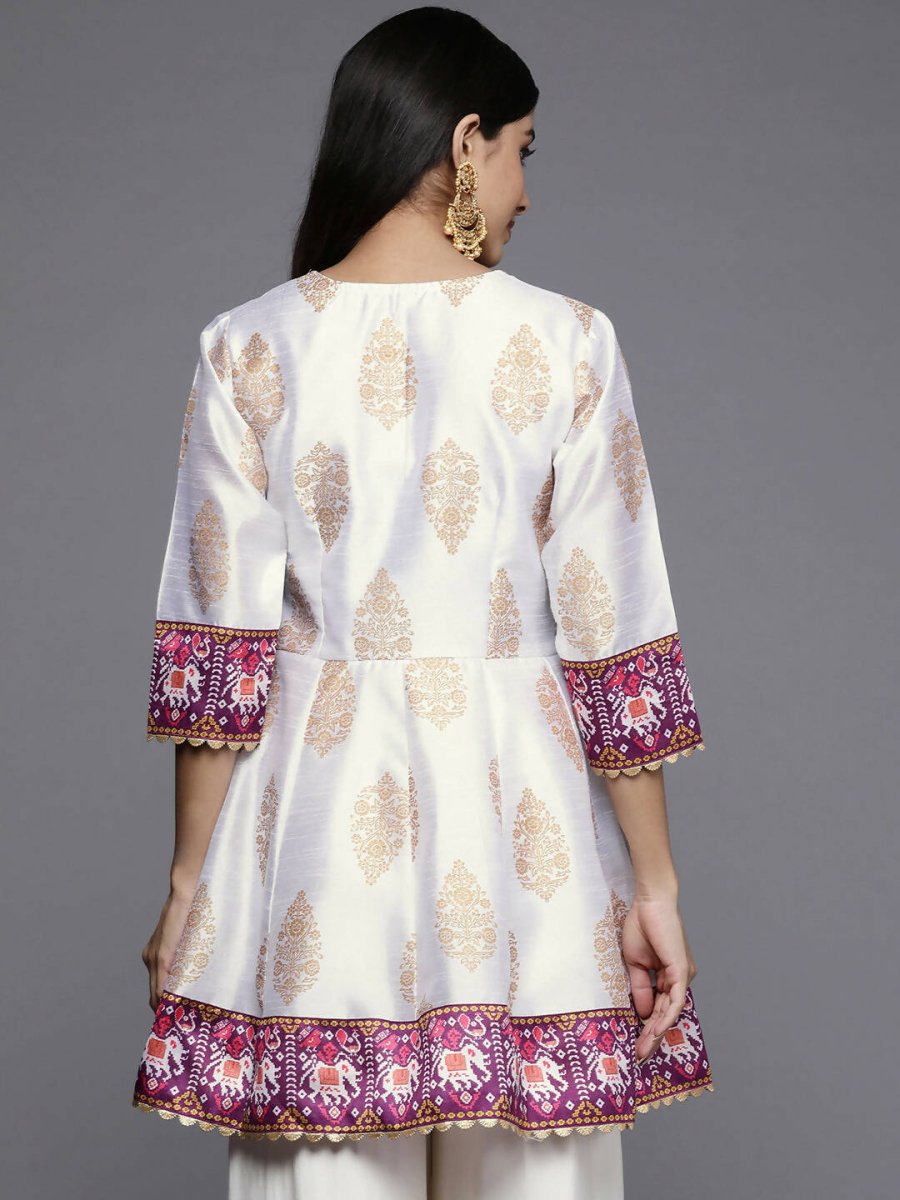 Ahalyaa Women White & Golden Ethnic Printed Tunic | Swadesiicart