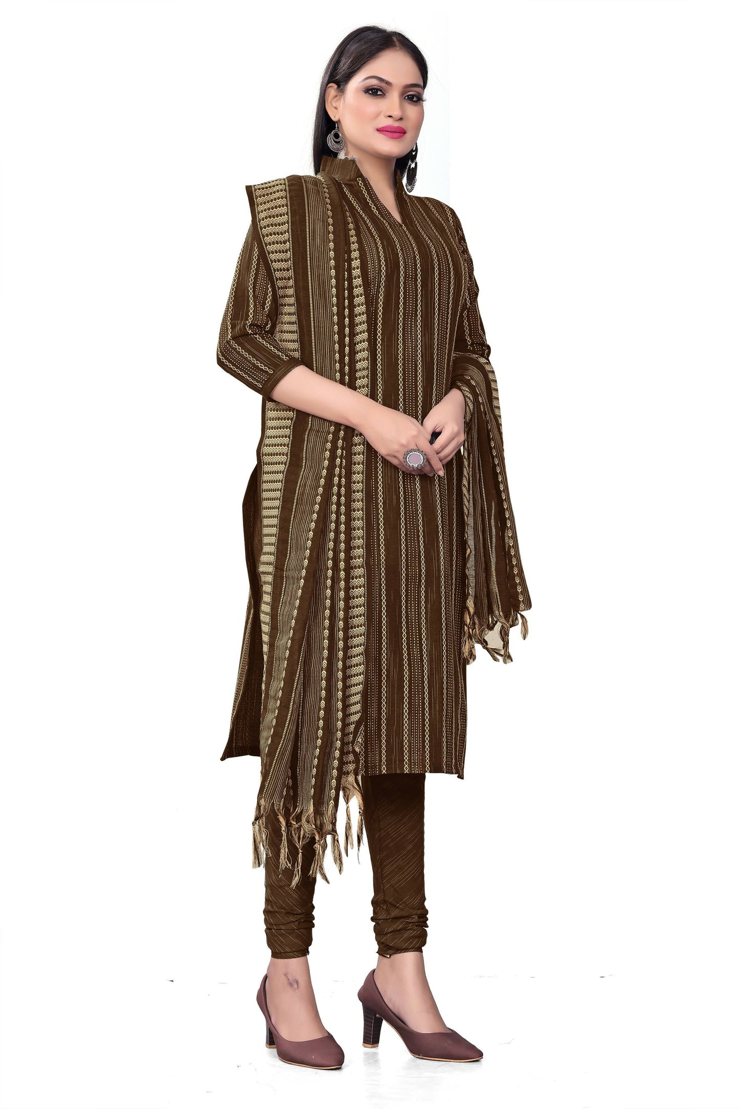 Brown Cotton Jacquard Woven Unstitched Dress Material - Tanvi