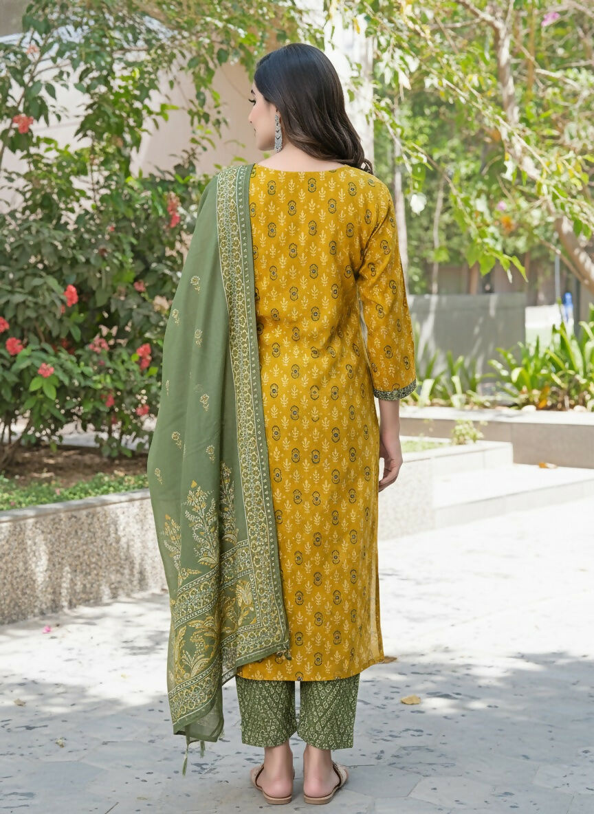 BulBul Aaliya Mustard Cotton Kurta Set with Dupatta - Swadesiicart