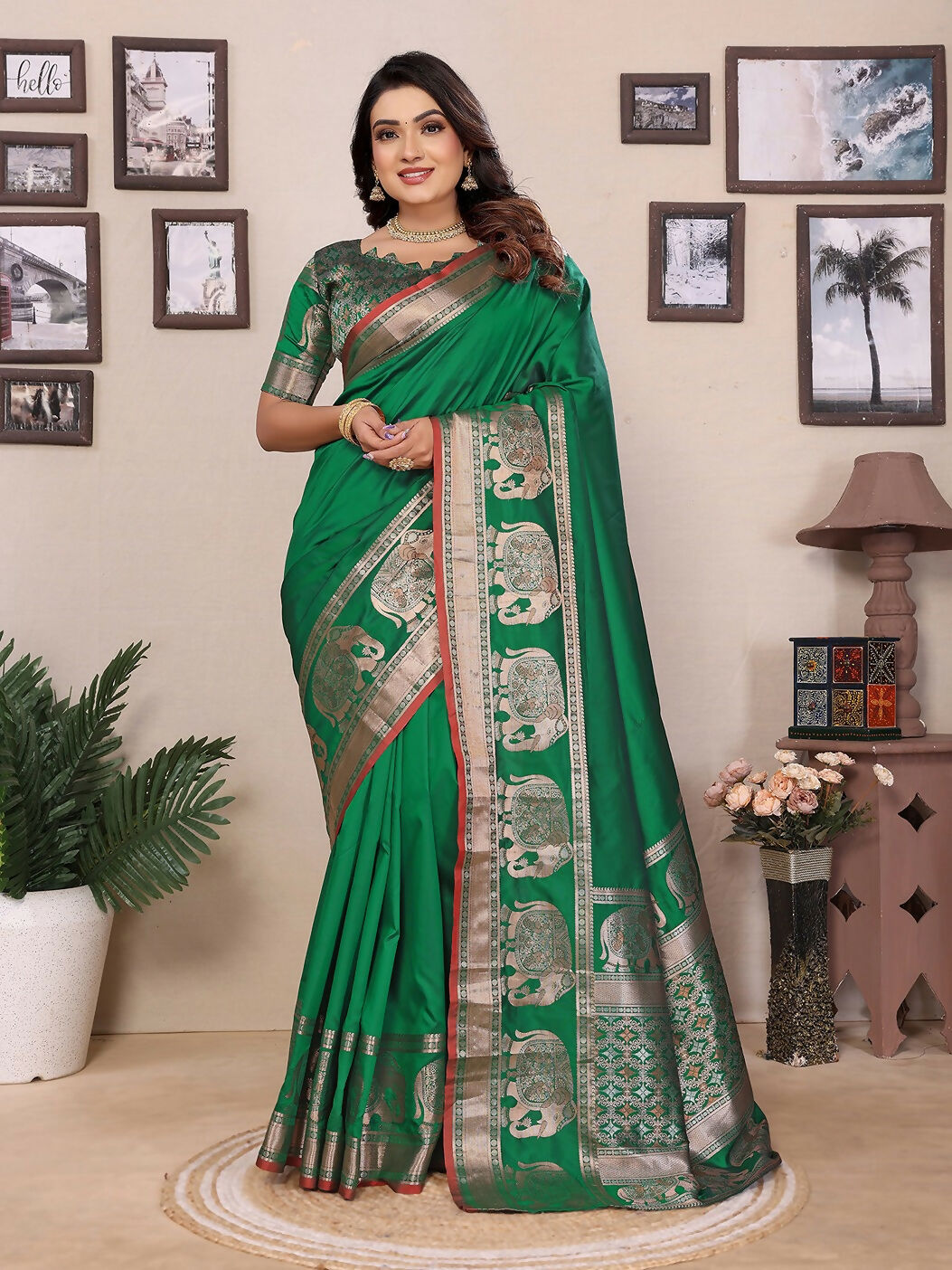 Joban Fashion Green Solid Banarasi Silk Sarees | Swadesiicart