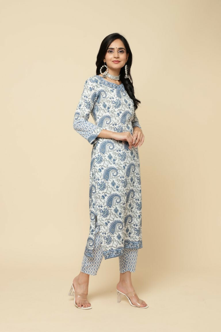 Designer Stylish White Keri cotton Stitched Suit With Dupatta - Tanisha | Swadesiicart