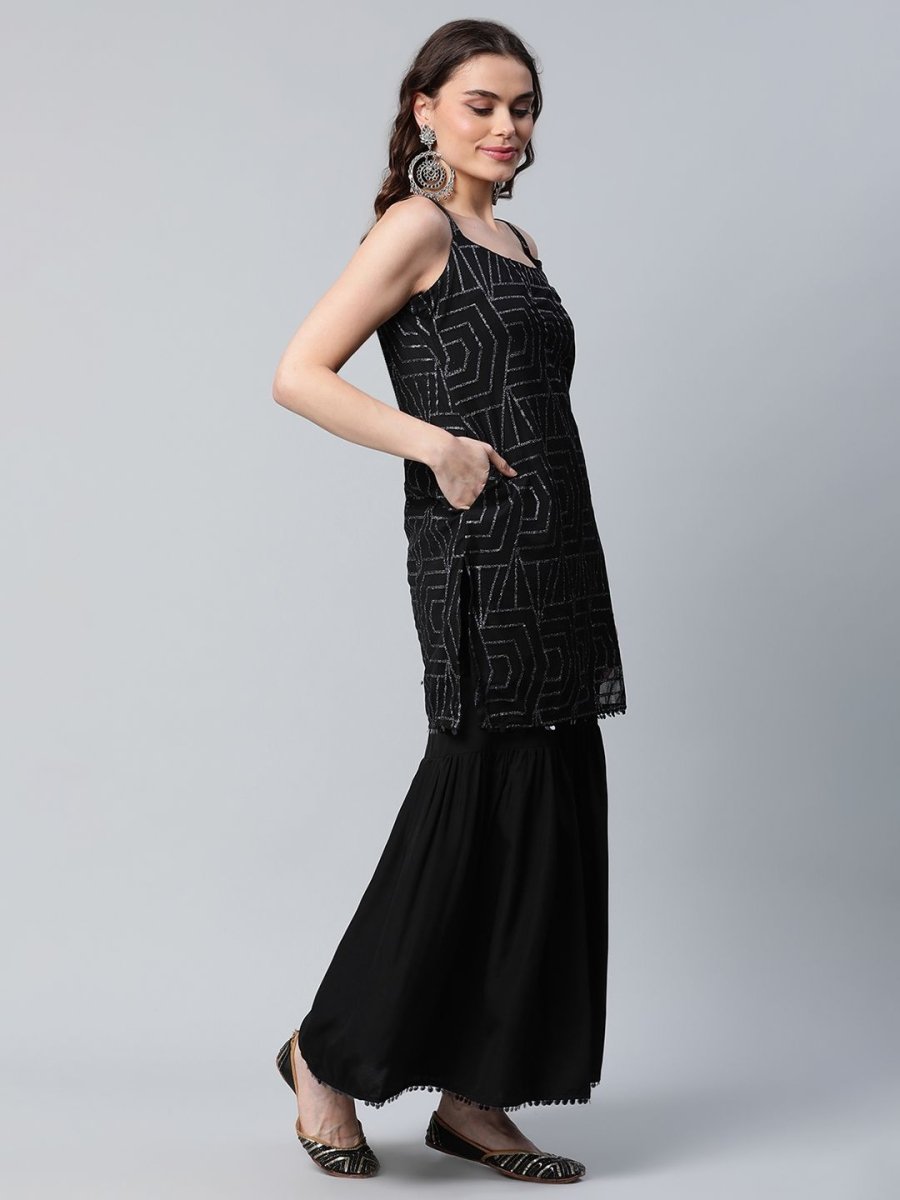 Ahalyaa Women Black Net Glitter Print Short Kurti With Sharara Dupatta Set | Swadesiicart