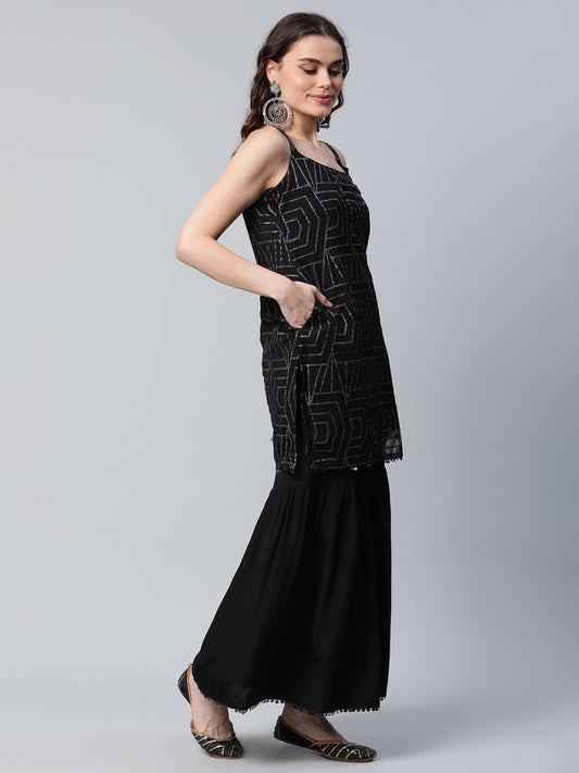 Ahalyaa Women Black Net Glitter Print Short Kurti With Sharara Dupatta Set | Swadesiicart