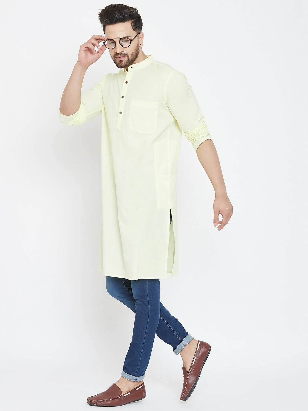 Even Apparels Yellow Color Men's Pure Cotton Kurta With Band Collar | Swadesiicart