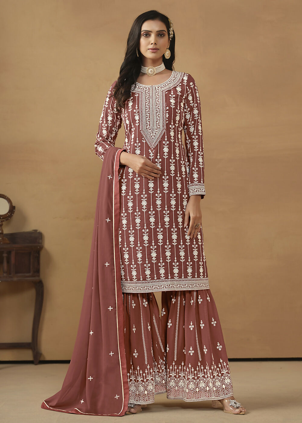 Radiant Brown Embroidered Wedding Festive Gharara Suit - Emponline | Swadesiicart