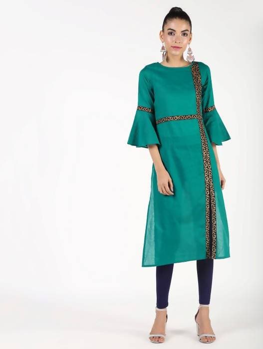Aniyah Cotton Bell Sleeve Solid Straight Kurta In Turquoise Color (AN-147K) - Swadesiicart