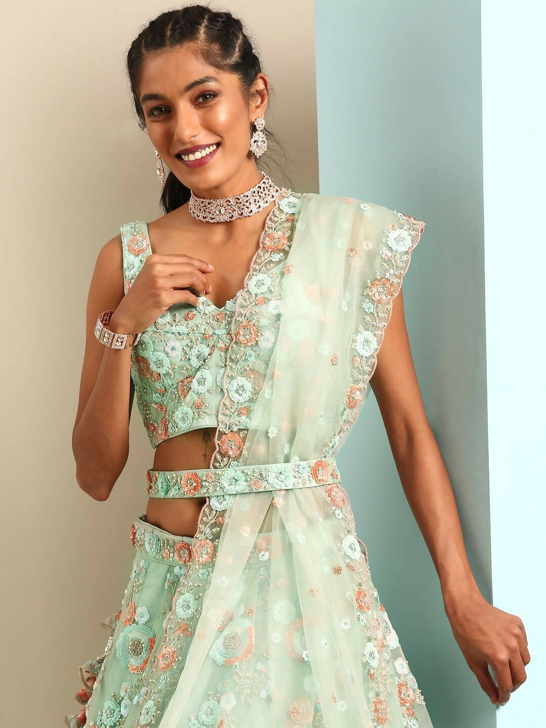 House of Panchhi Sea Green Net Sequins and Zarkan embroidery Lehenga choli & Dupatta | Swadesiicart