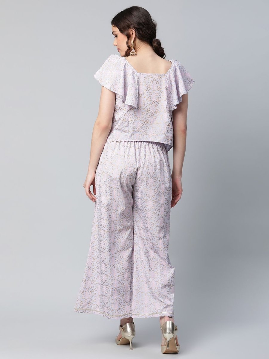 Ahalyaa Women Powder Blue Crepe Khari Printed Top with Palazzo Set | Swadesiicart
