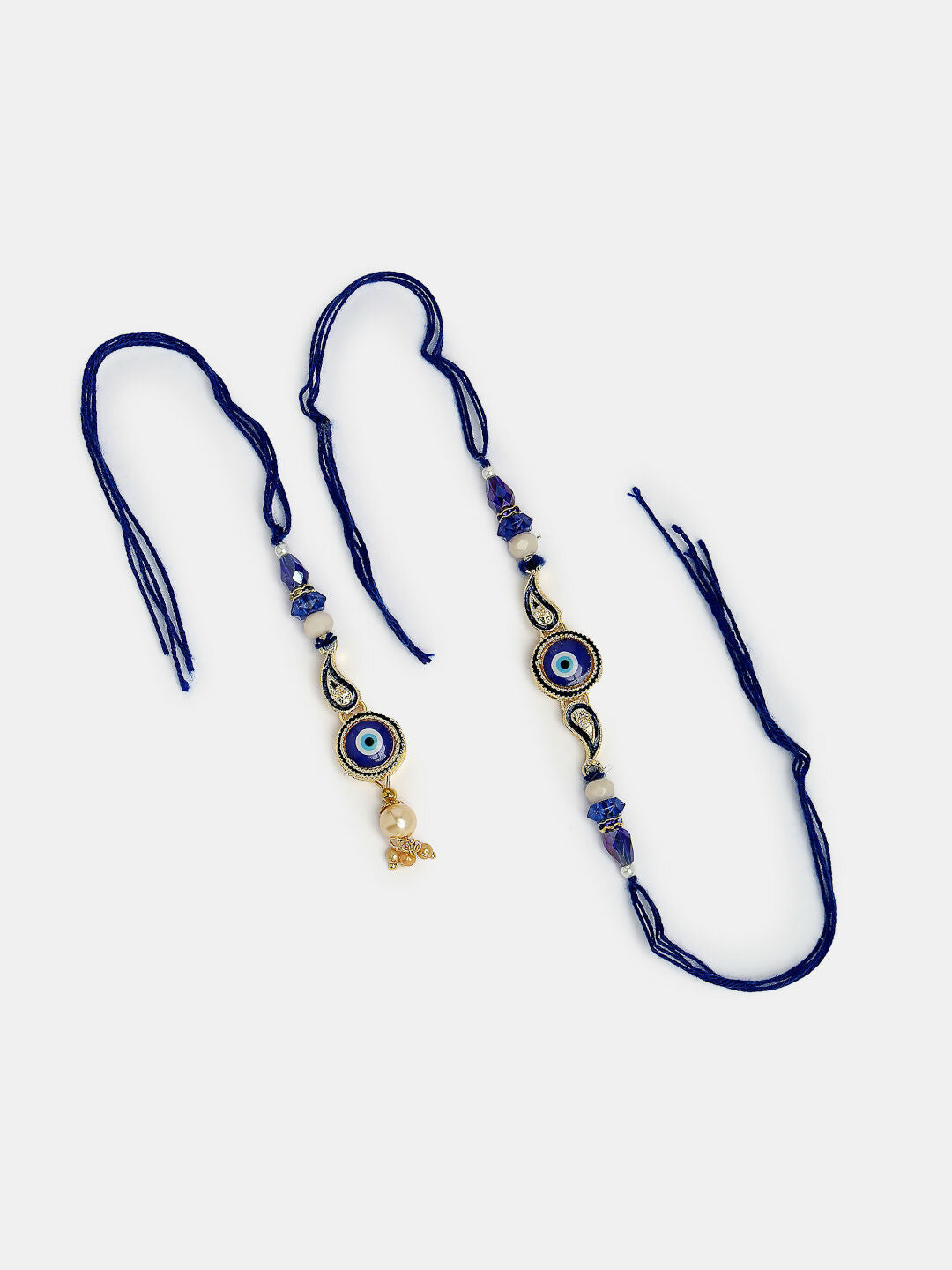 NVR Women & Men Set of 2 Blue Evil Eye Beaded Bhaiya Bhabhi Rakhi With Roli Chawal & Chocolate | Swadesiicart