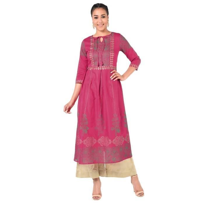 Aniyah Cotton Gold Print Flared Kurta Fuchsia (AN-163K) - Swadesiicart