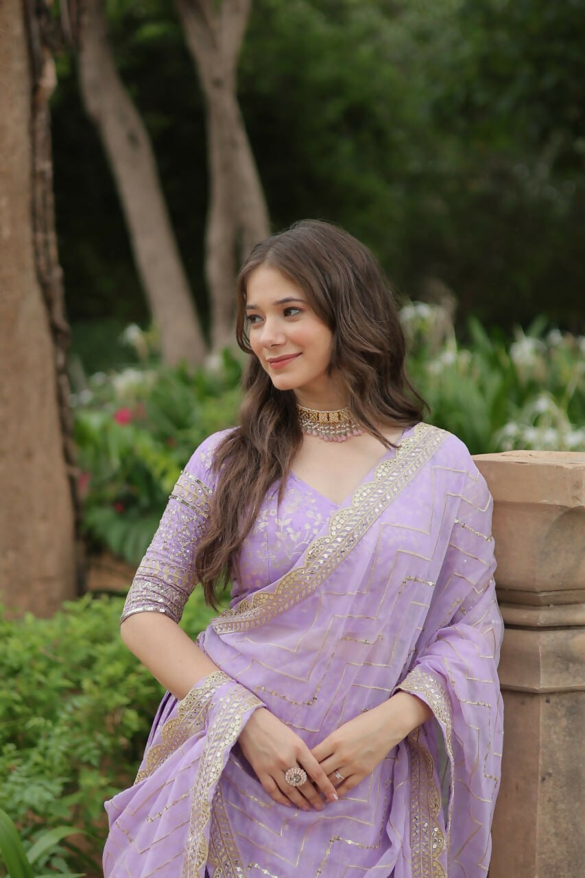 Lorenvalley Lavender Pure Viscose Jacquard with Golden Embroidered Sequins work Lehenga Choli | Swadesiicart