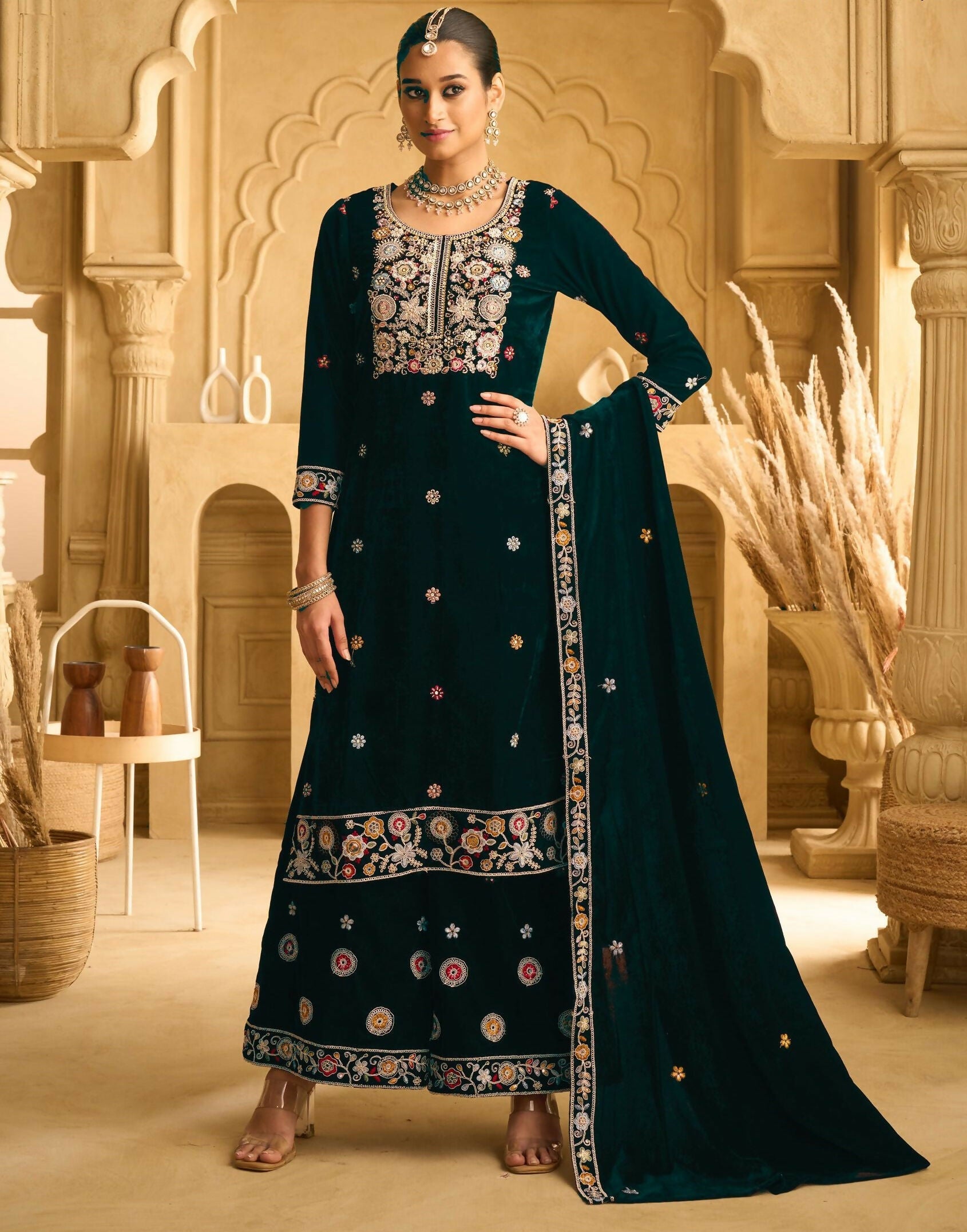Anaita Dark Green Embroidered Work Velvet Stitched Plazo Suit