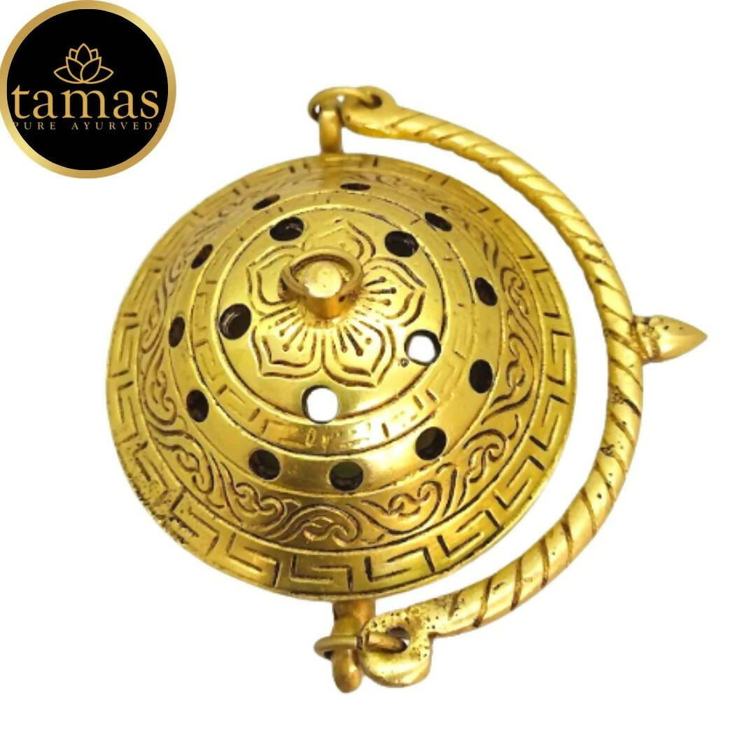Tamas Brass Small Dhoop Burner with Handle and Lid (Golden) | Swadesiicart