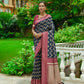 Vishnu Weaves Women's Navy Blue Handloom Raw Silk Zari Woven Saree with Blouse - Swadesiicart